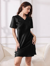 [Black] SilkSilky-AU Short Sleeve V Neck Nightgown 003