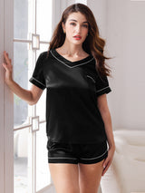 [Black] SilkSilky-AU Pure Silk Short Sleeve V Neck Women's Pyjamas 003