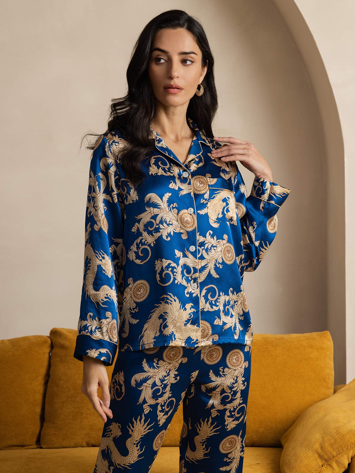 [Blue] SilkSilky-AU Pure Silk Long Sleeve Lapel Women's Pyjamas 003
