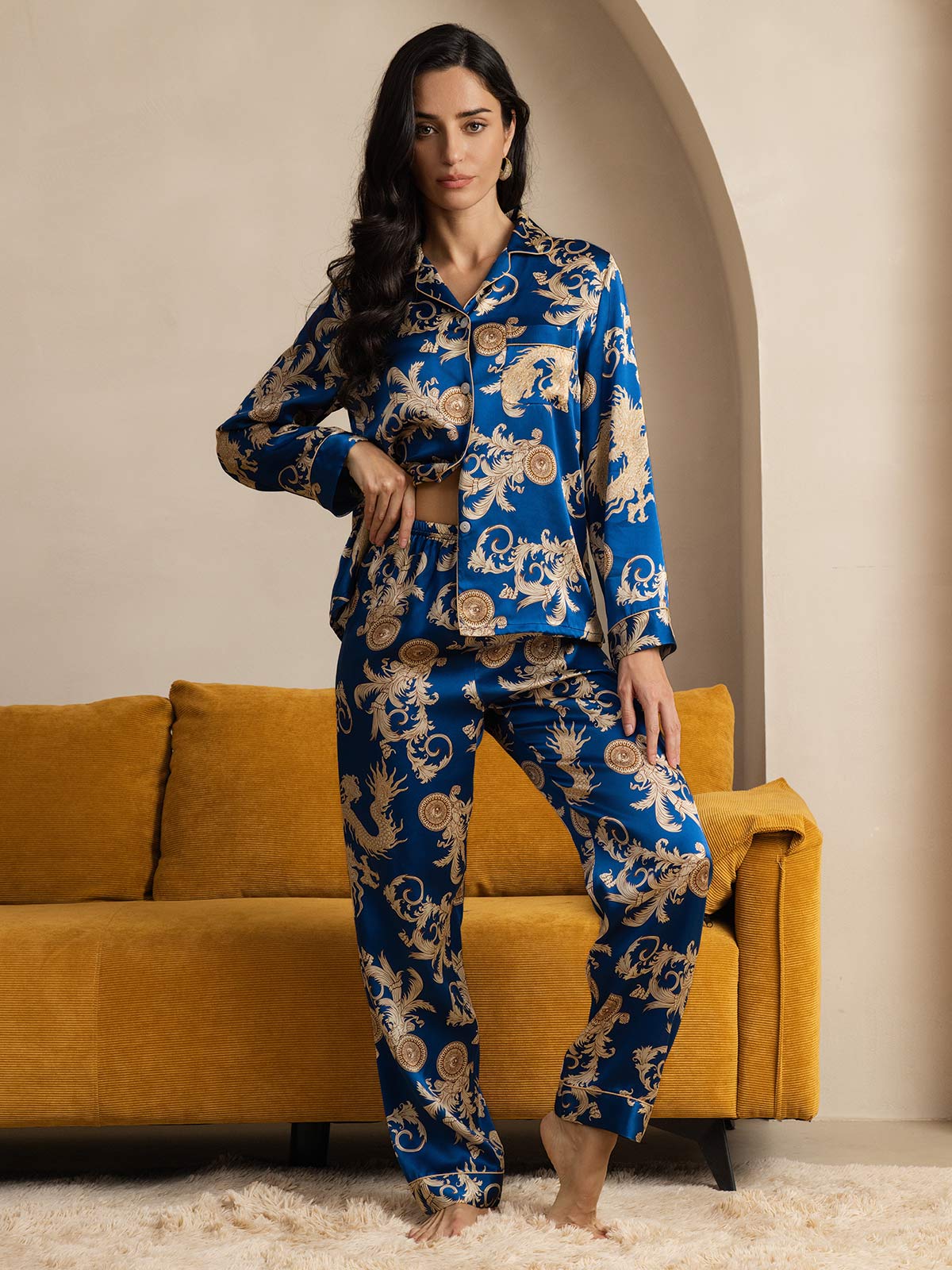 [Blue] SilkSilky-AU Pure Silk Long Sleeve Lapel Women's Pyjamas 004