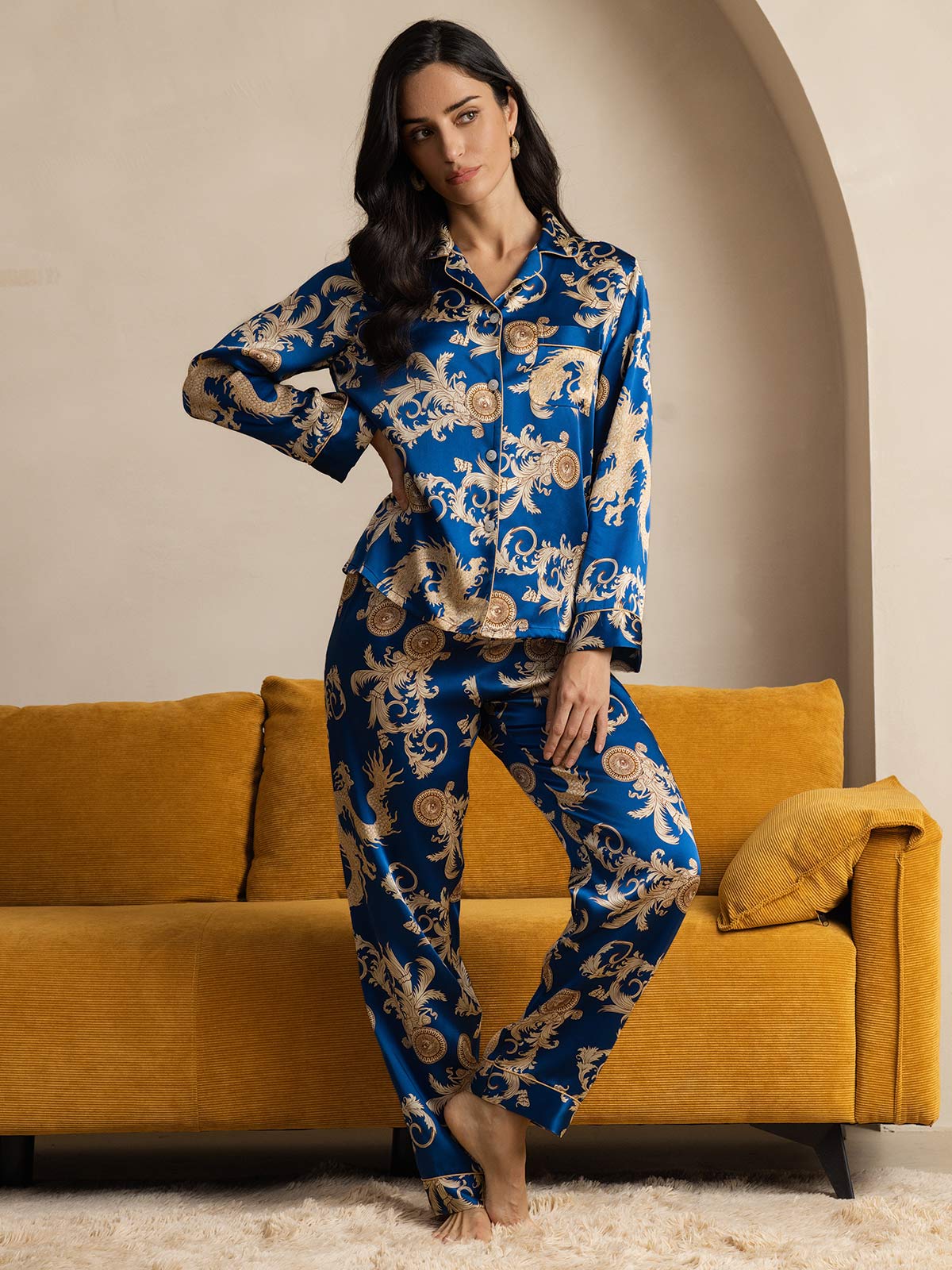 [Blue] SilkSilky-AU Pure Silk Long Sleeve Lapel Women's Pyjamas 006