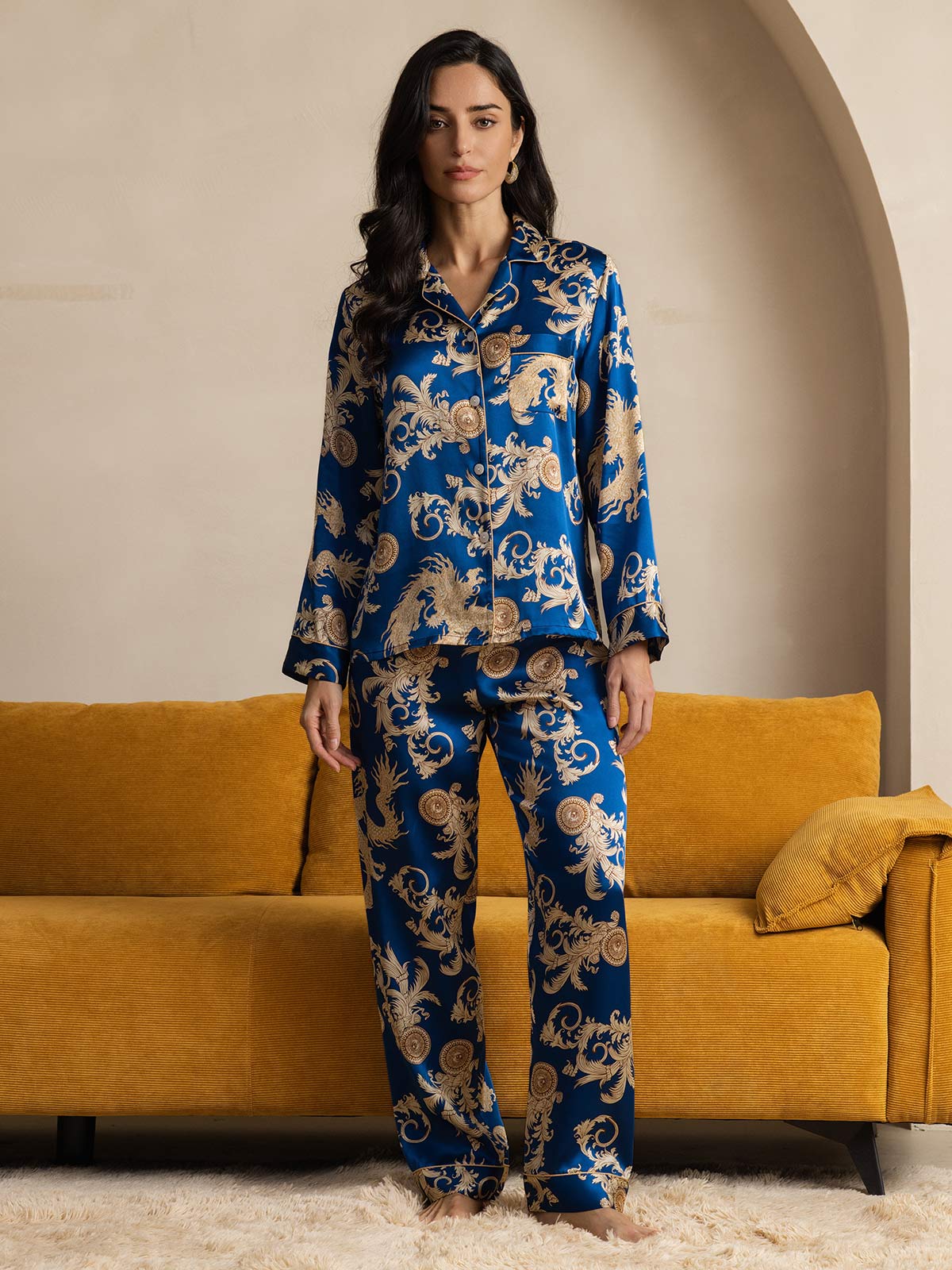 [Blue] SilkSilky-AU Pure Silk Long Sleeve Lapel Women's Pyjamas 007