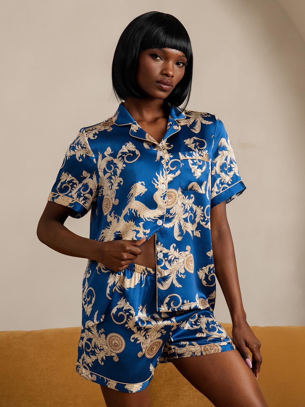 [Blue] SilkSilky-AU Pure Silk Short Sleeve Lapel Women's Pyjamas 001