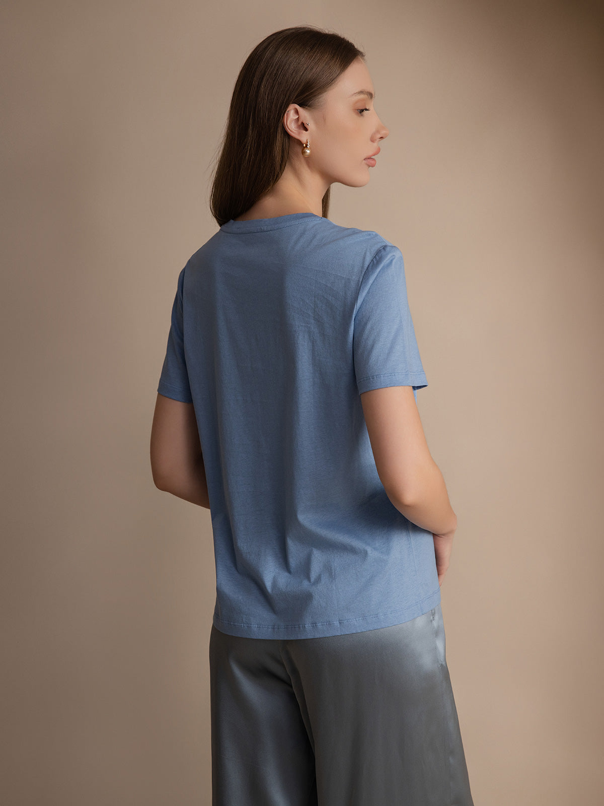 [Blue] SilkSilky-AU Silk Knitted Short Sleeve Round Neck Women's T-Shirt 002