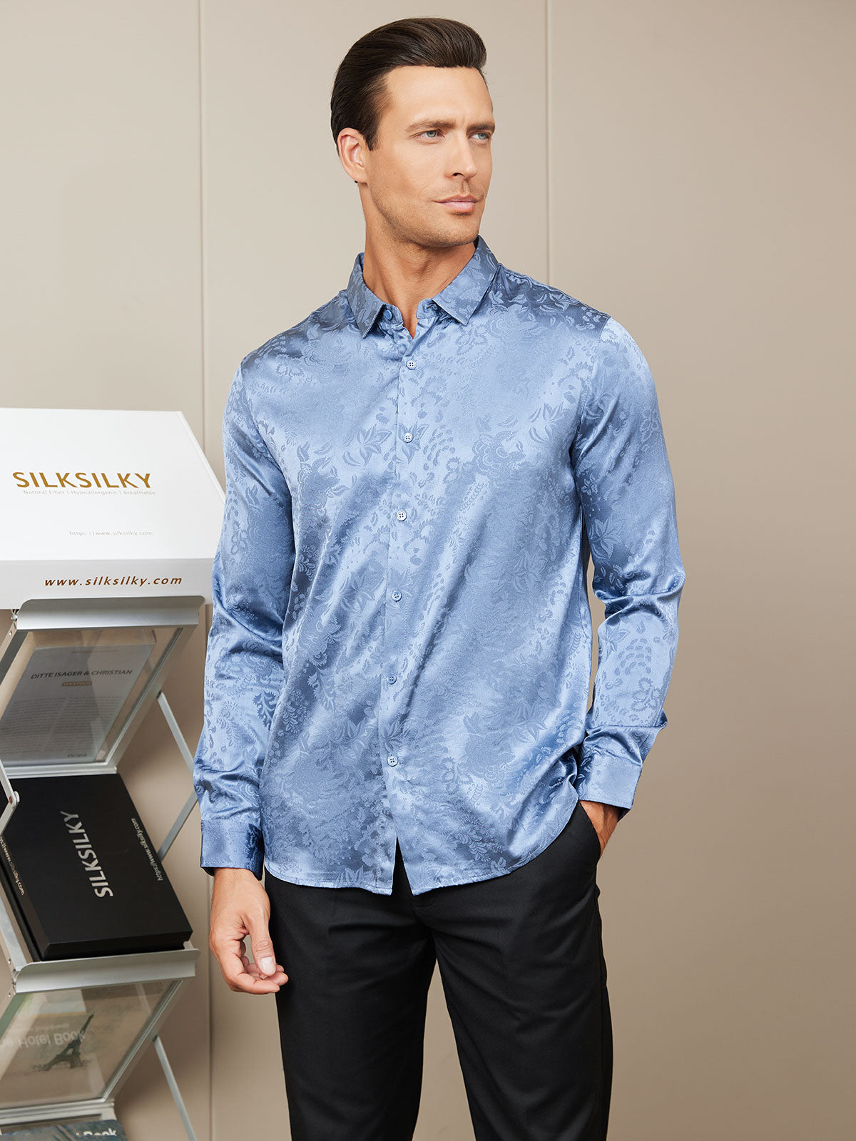 [Blue] SilkSilky-AU Silk Long Sleeve Collar Men's Shirt 001