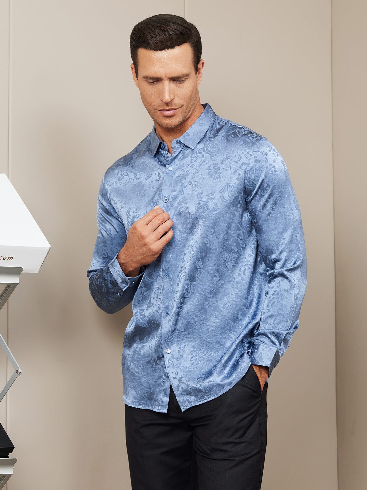 [Blue] SilkSilky-AU Silk Long Sleeve Collar Men's Shirt 003