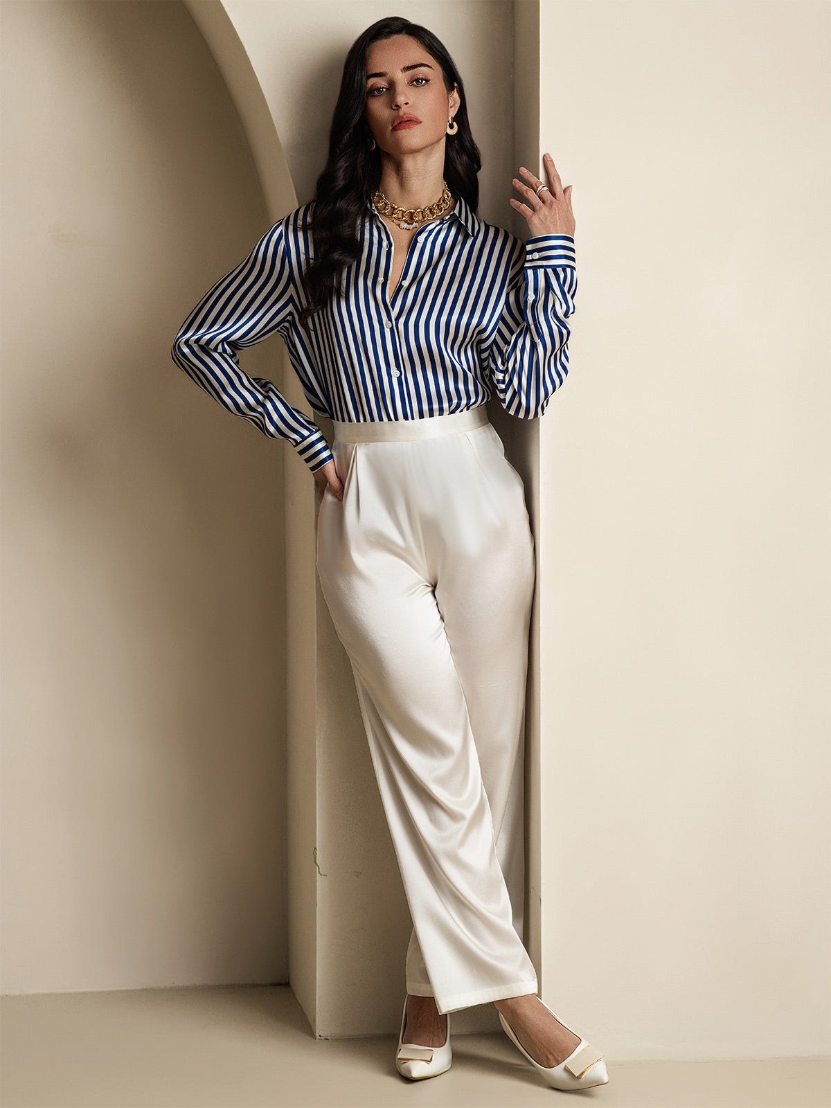 [Blue] SilkSilky-AU Silk Long Sleeve Collar Women's Shirt 009
