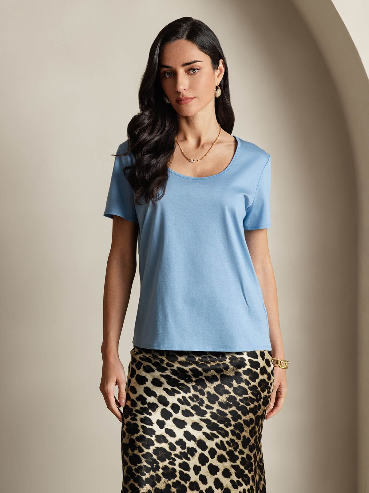 [Blue] SilkSilky-AU Silk Short Sleeve U Neck Women's T-Shirt 001