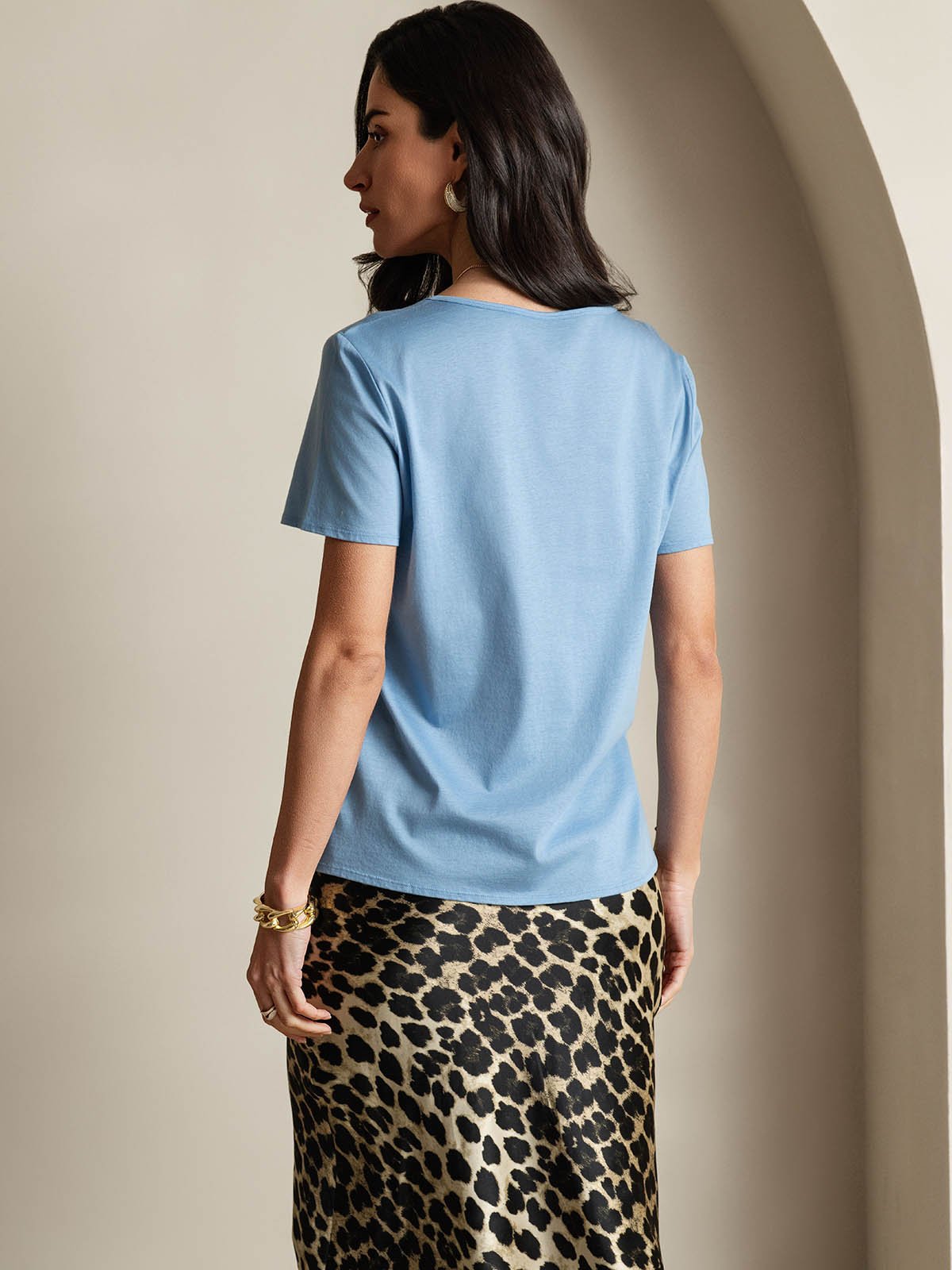 [Blue] SilkSilky-AU Silk Short Sleeve U Neck Women's T-Shirt 002