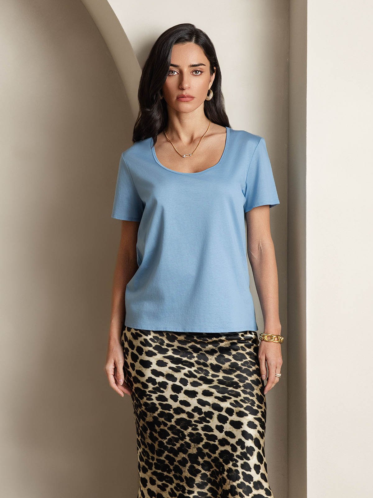 [Blue] SilkSilky-AU Silk Short Sleeve U Neck Women's T-Shirt 006