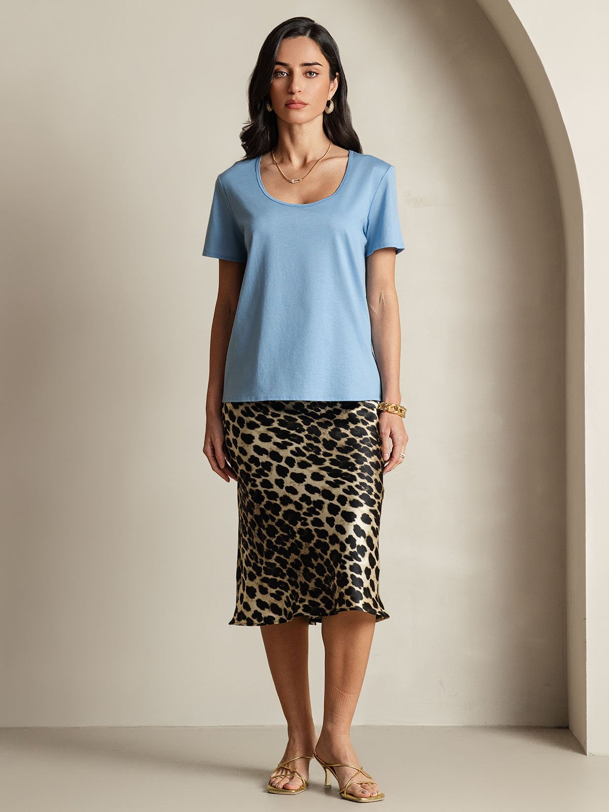 [Blue] SilkSilky-AU Silk Short Sleeve U Neck Women's T-Shirt 008