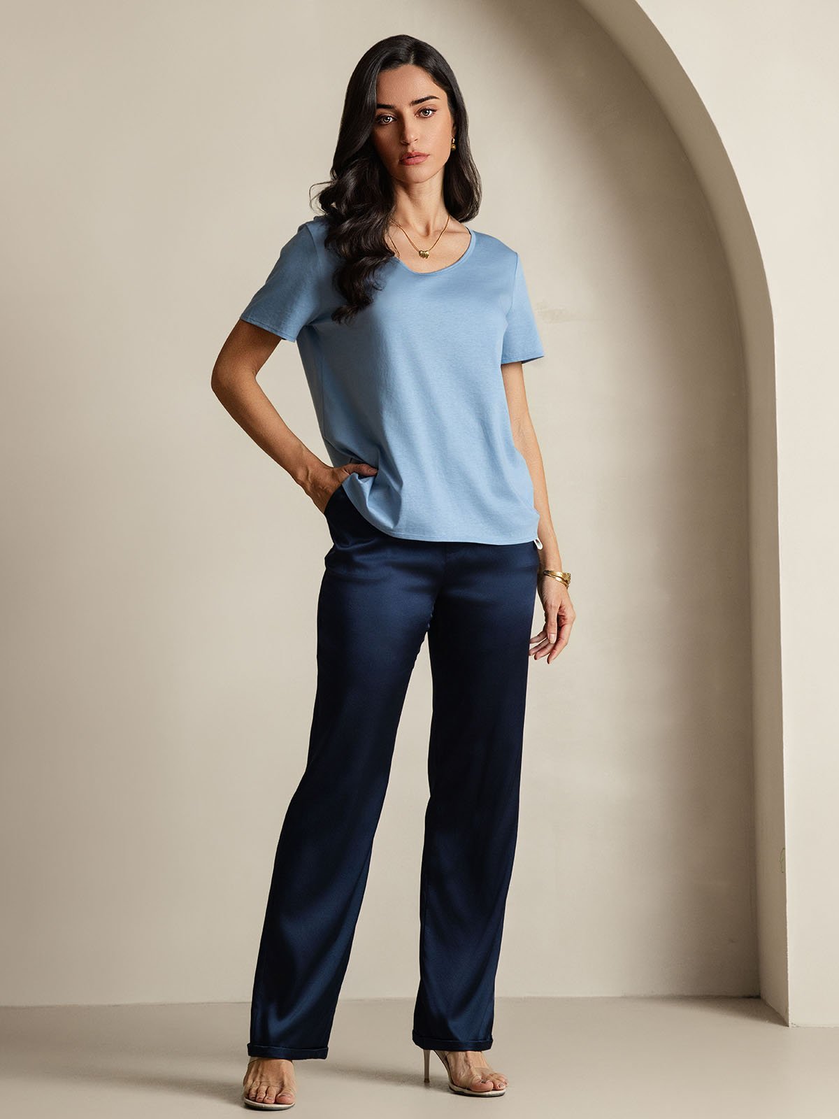 [Blue] SilkSilky-AU Silk Short Sleeve V Neck Women's T-Shirt 005