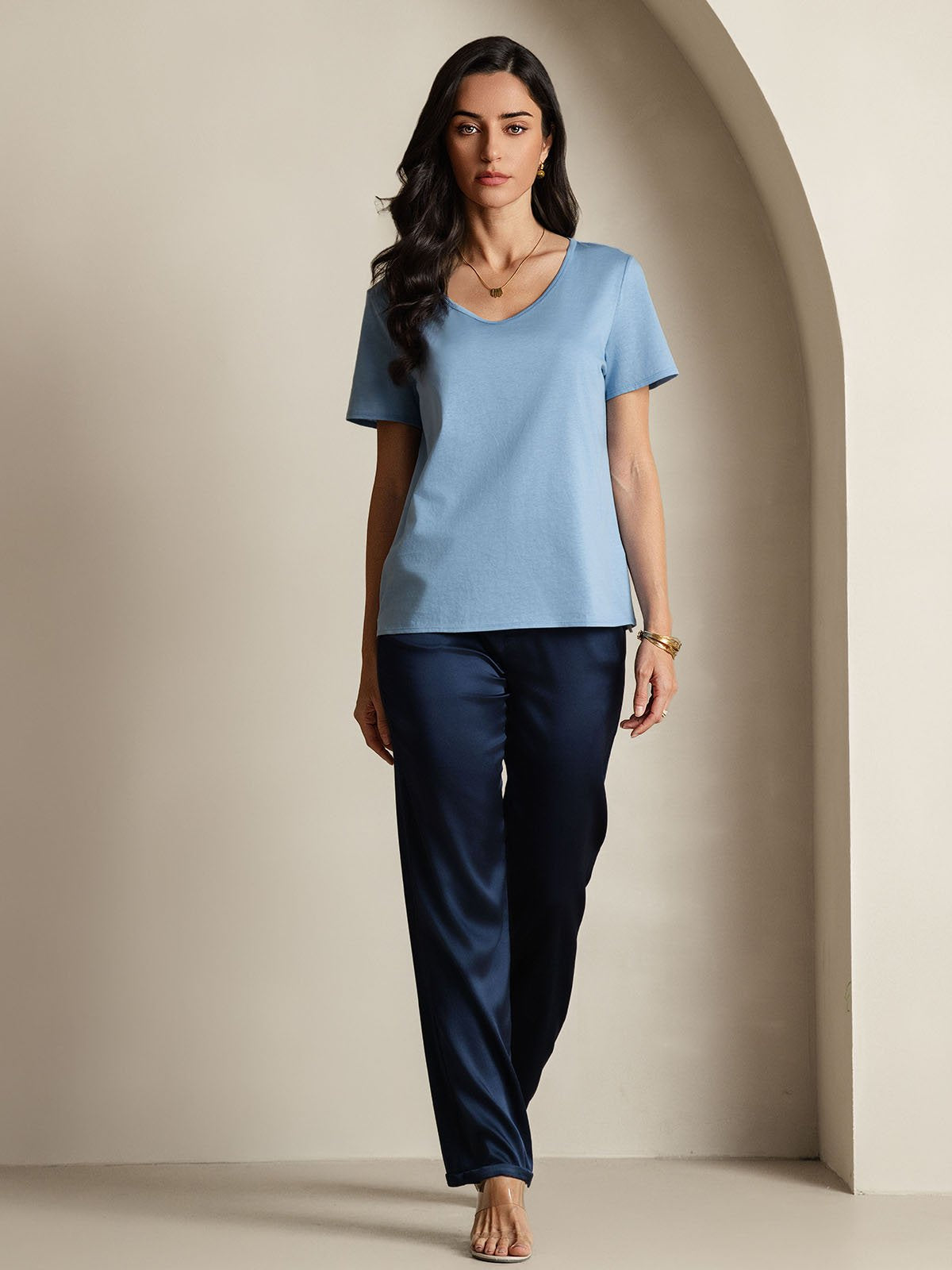 [Blue] SilkSilky-AU Silk Short Sleeve V Neck Women's T-Shirt 006