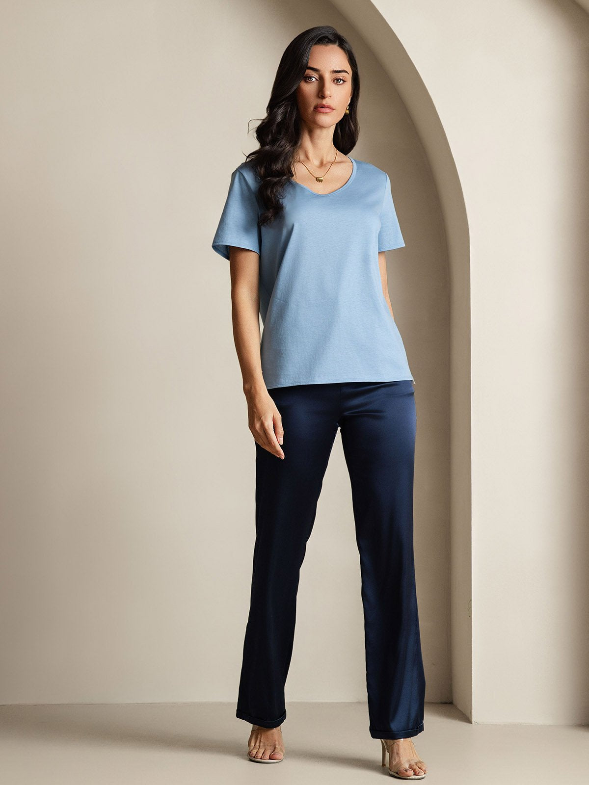 [Blue] SilkSilky-AU Silk Short Sleeve V Neck Women's T-Shirt 007