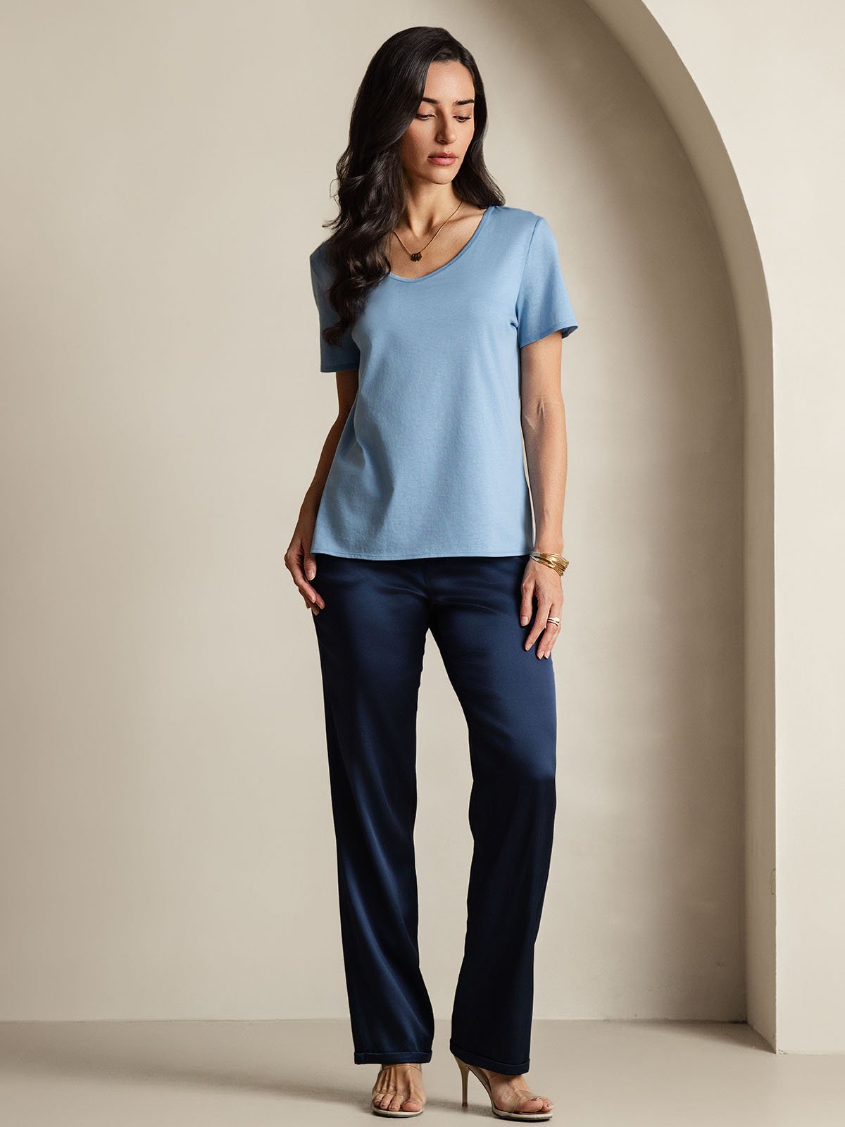 [Blue] SilkSilky-AU Silk Short Sleeve V Neck Women's T-Shirt 008