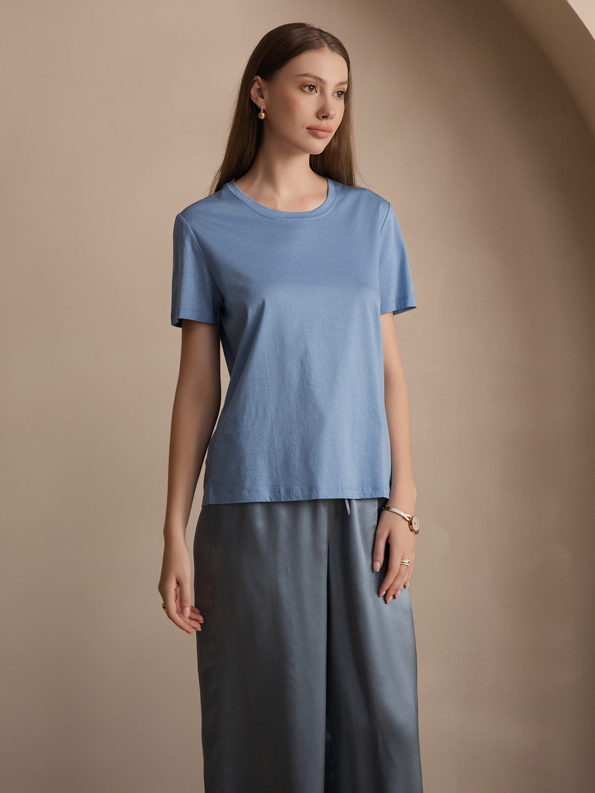[Blue] SilkSilky-AU Short Sleeve Round Neck Women's T-Shirt 001