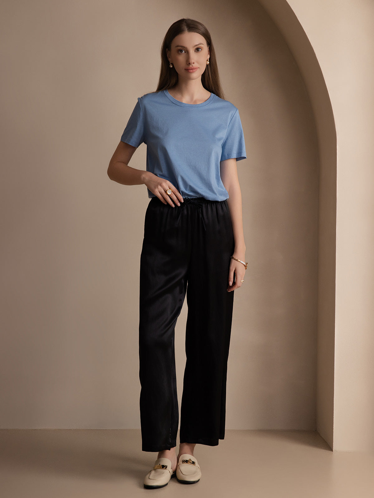 [Blue] SilkSilky-AU Silk Knitted Round Neck Women's T-Shirt 005