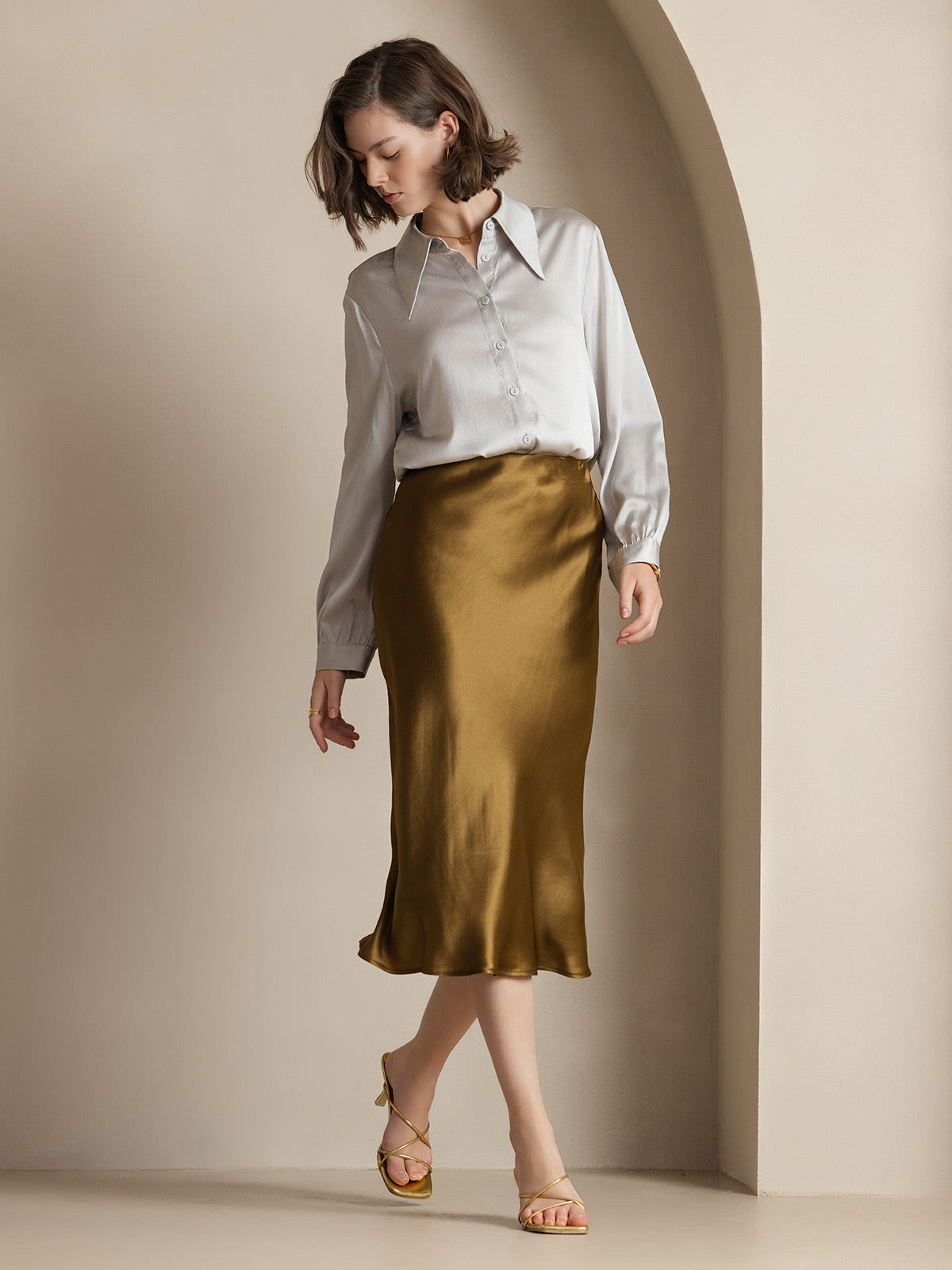 [Brown] SilkSilky-AU 19Momme Pure Silk Skirt 001