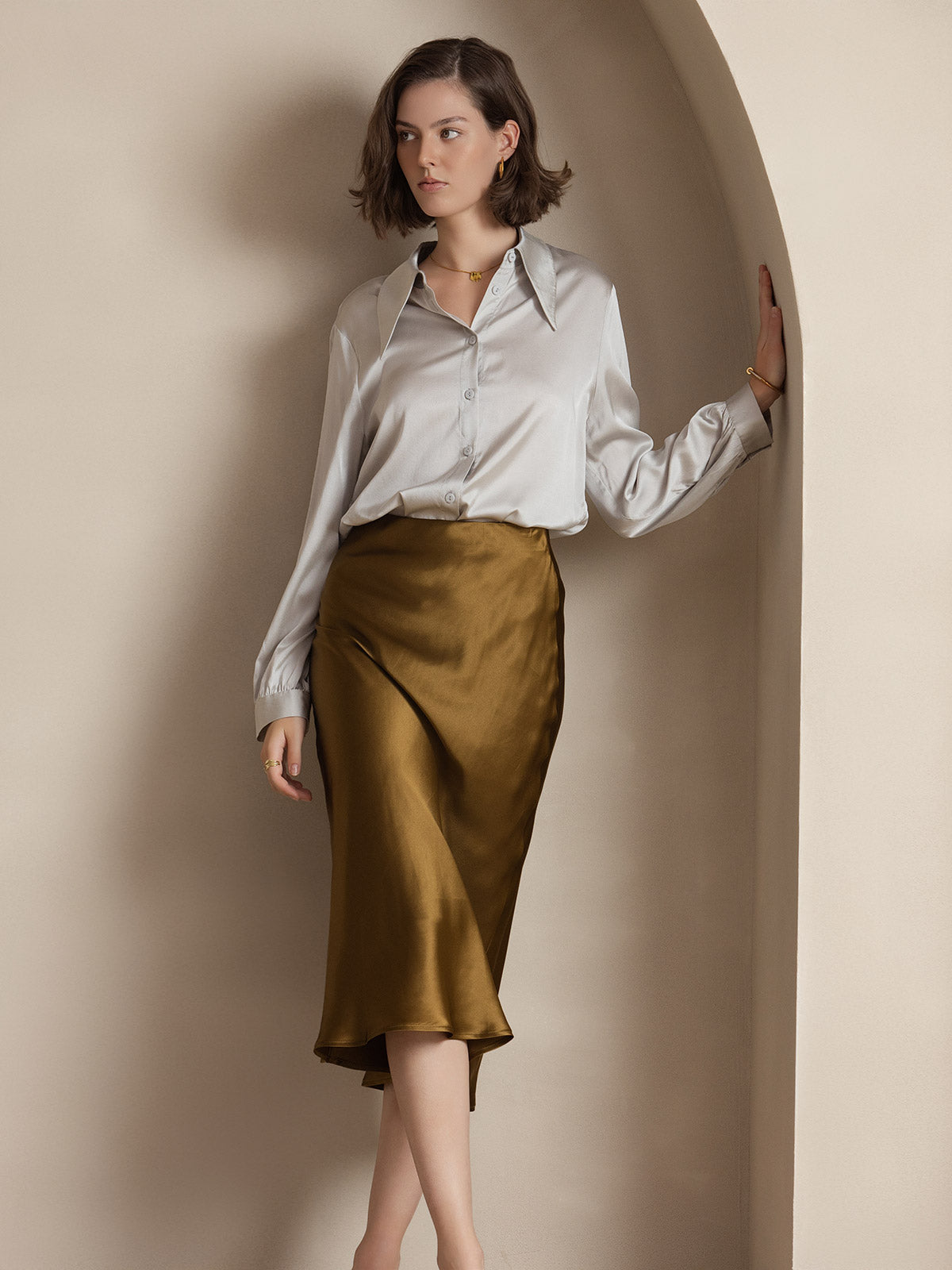 [Brown] SilkSilky-AU 19Momme Pure Silk Skirt 003