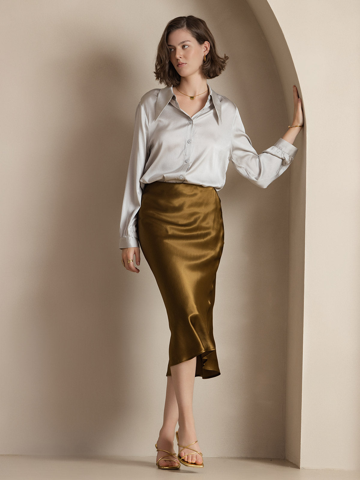 [Brown] SilkSilky-AU 19Momme Pure Silk Skirt 003