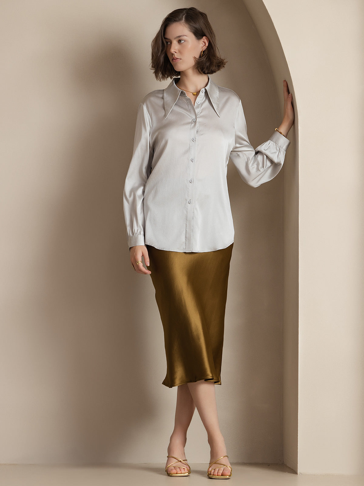[Brown] SilkSilky-AU 19Momme Pure Silk Skirt 004