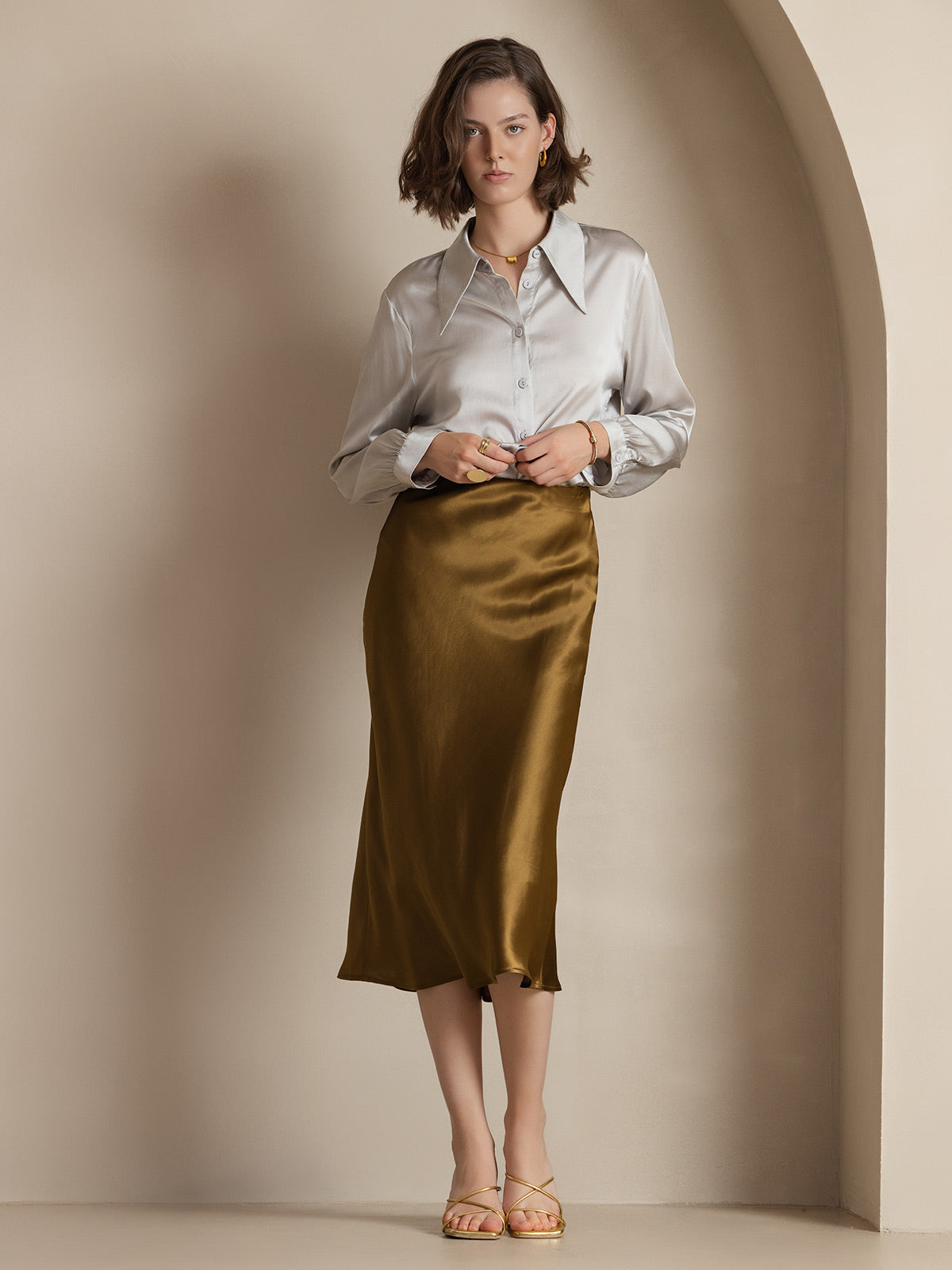[Brown] SilkSilky-AU 19Momme Pure Silk Skirt 004