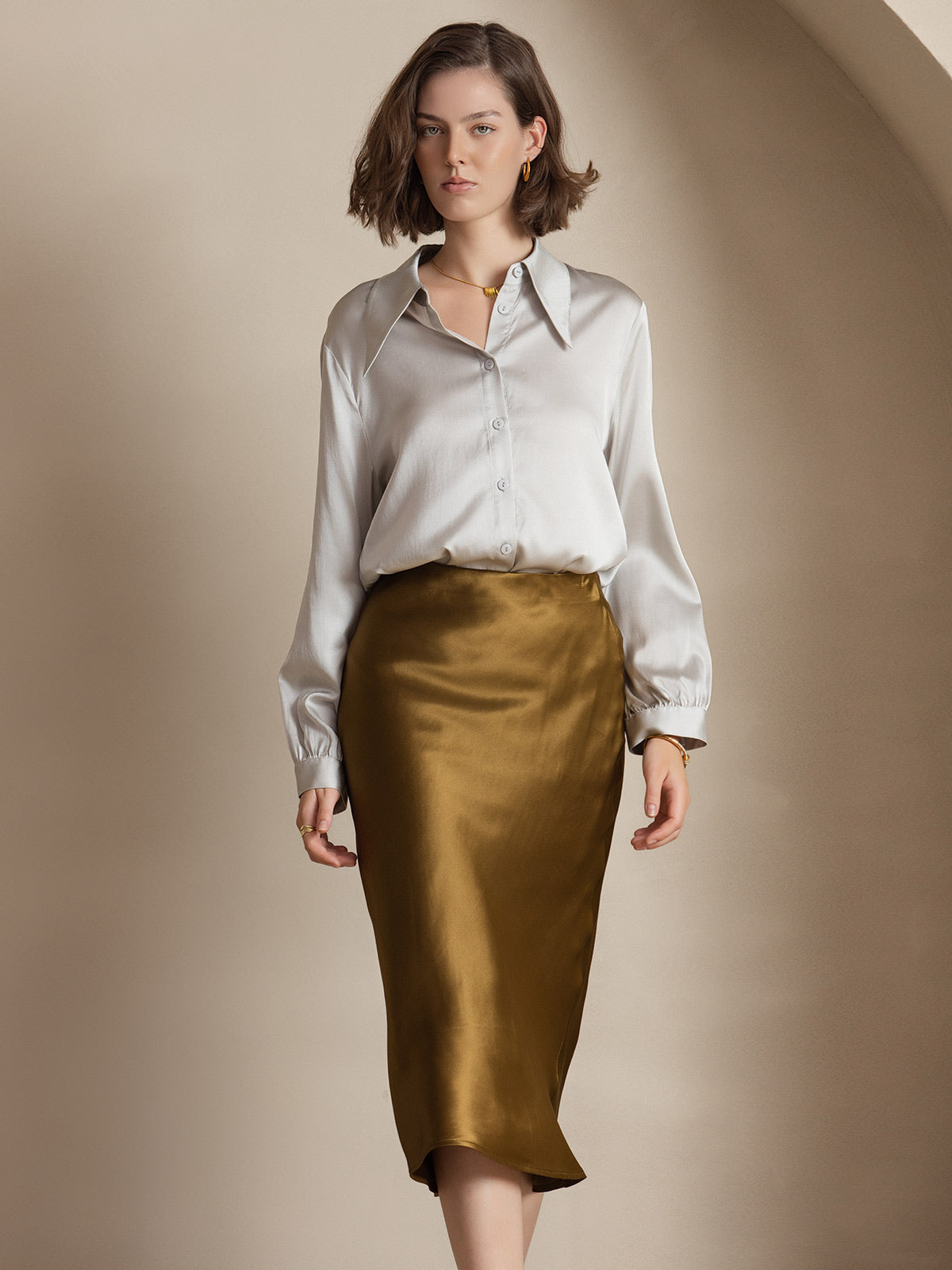 [Brown] SilkSilky-AU 19Momme Pure Silk Skirt 005