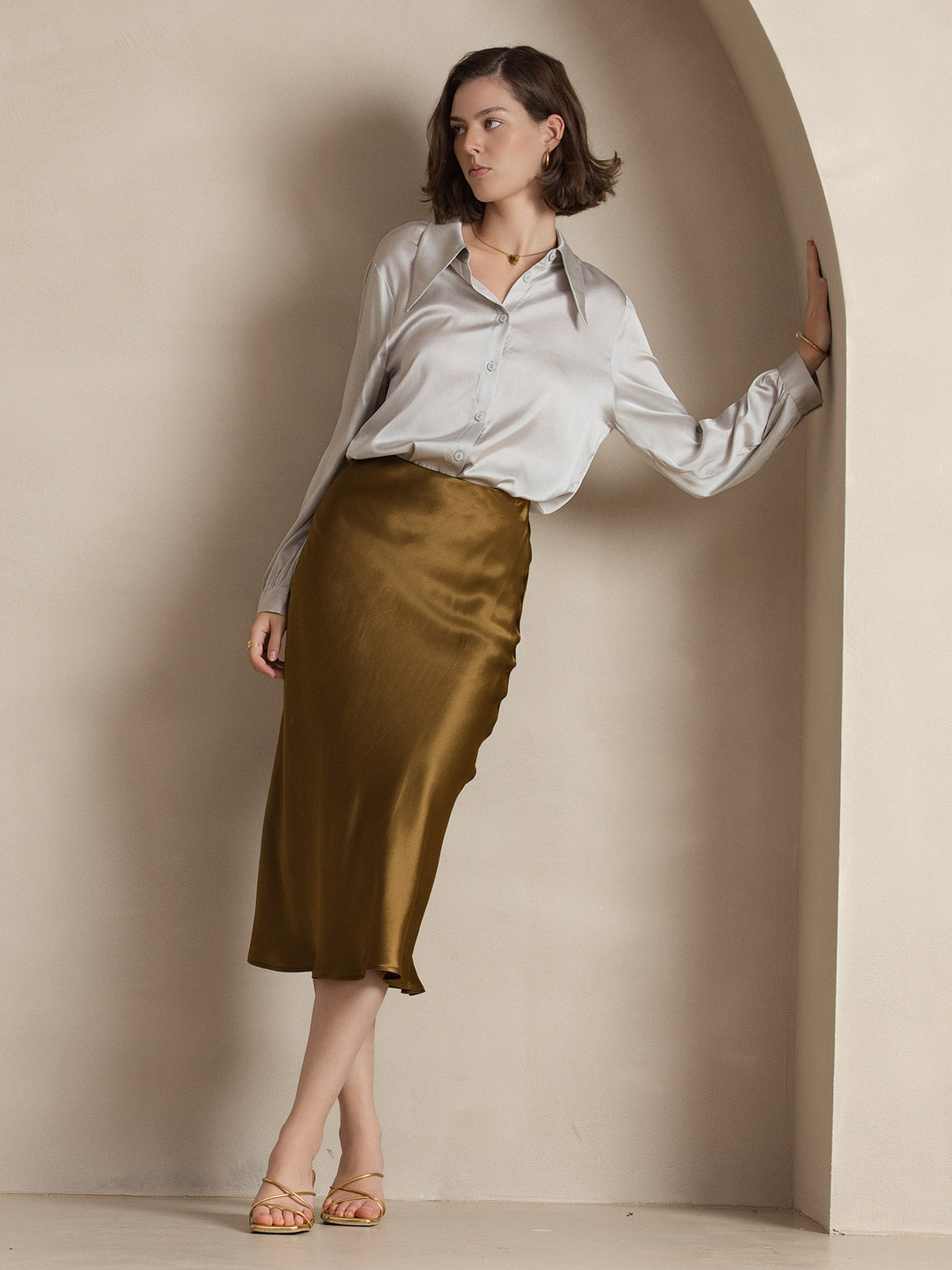 [Brown] SilkSilky-AU 19Momme Pure Silk Skirt 006
