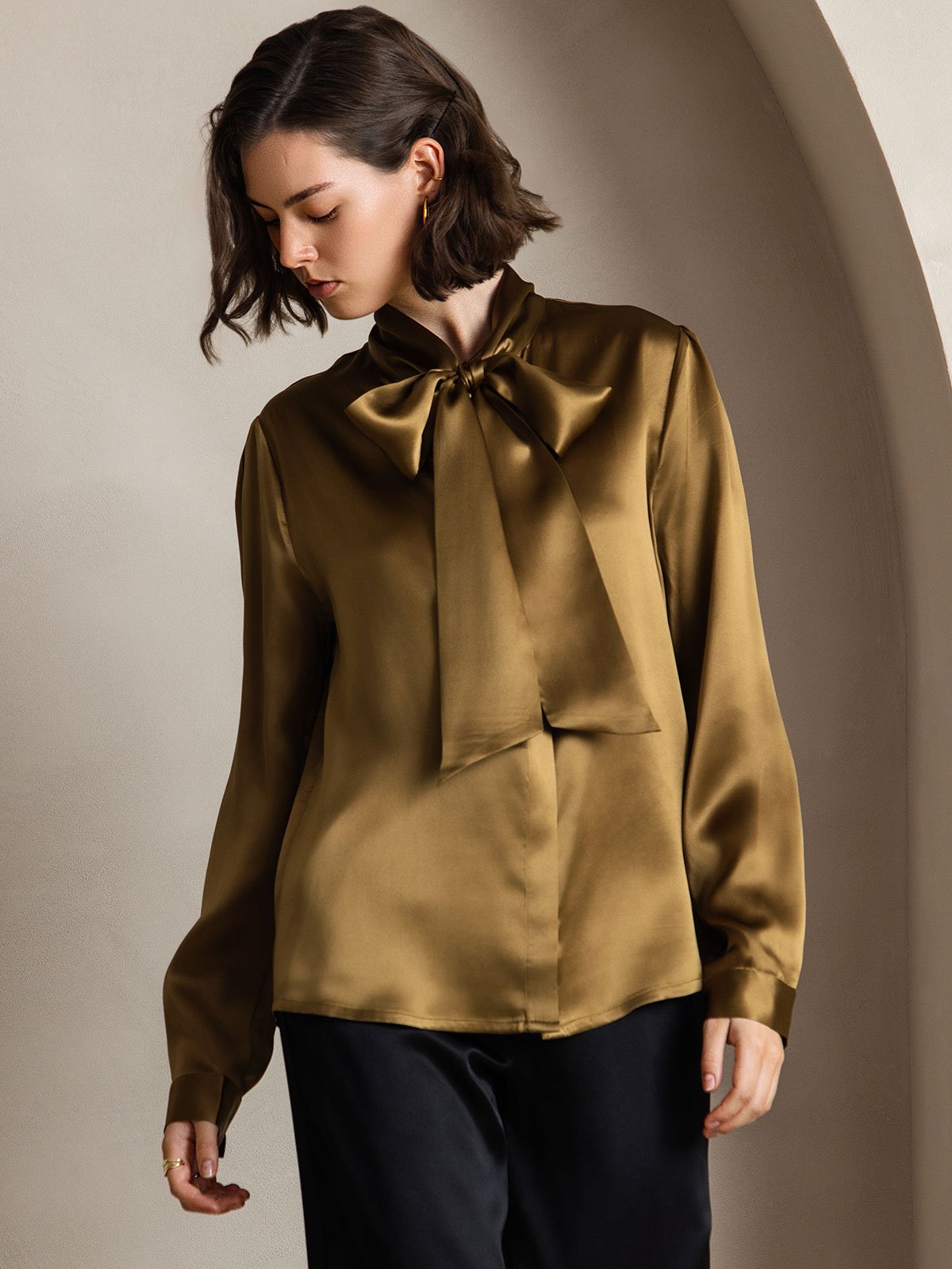 [Brown] SilkSilky-AU 19Momme Silk Long Sleeve Tie Neck Women's Shirt 001