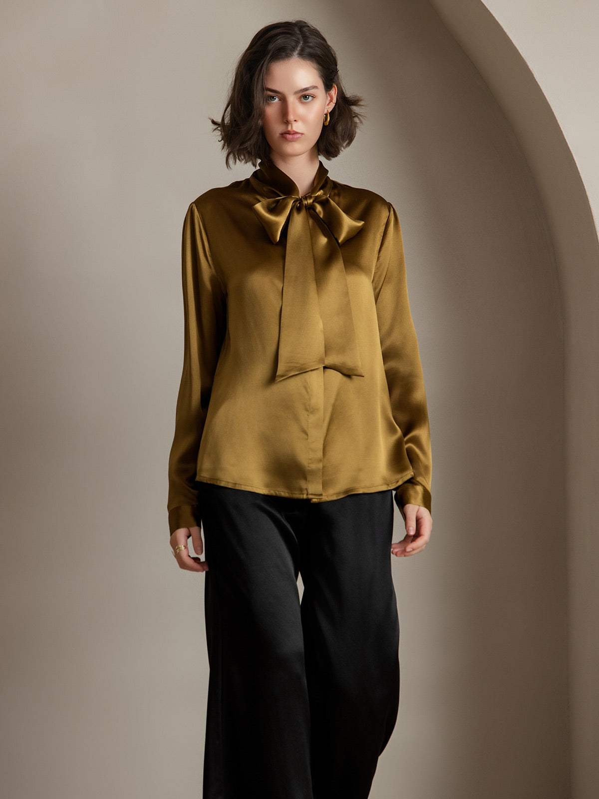[Brown] SilkSilky-AU 19Momme Silk Long Sleeve Tie Neck Women's Shirt 001