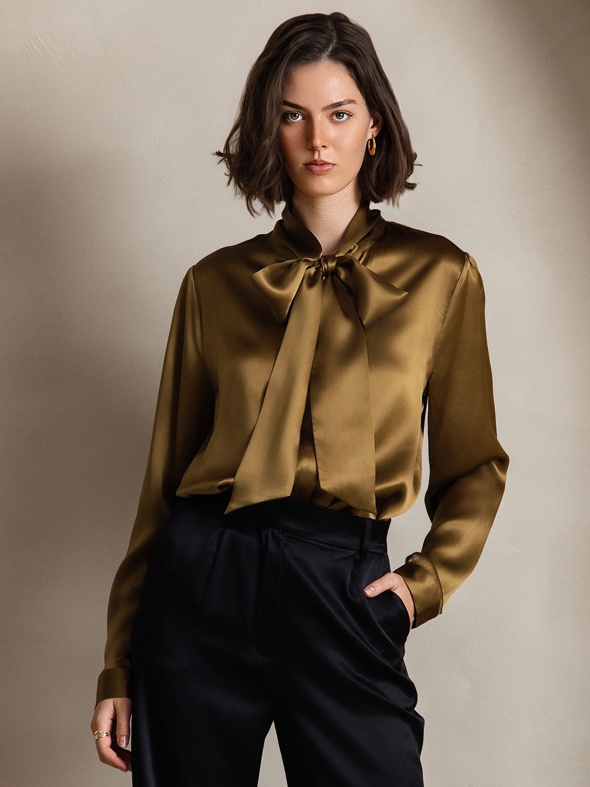 [Brown] SilkSilky-AU 19Momme Silk Long Sleeve Tie Neck Women's Shirt 003