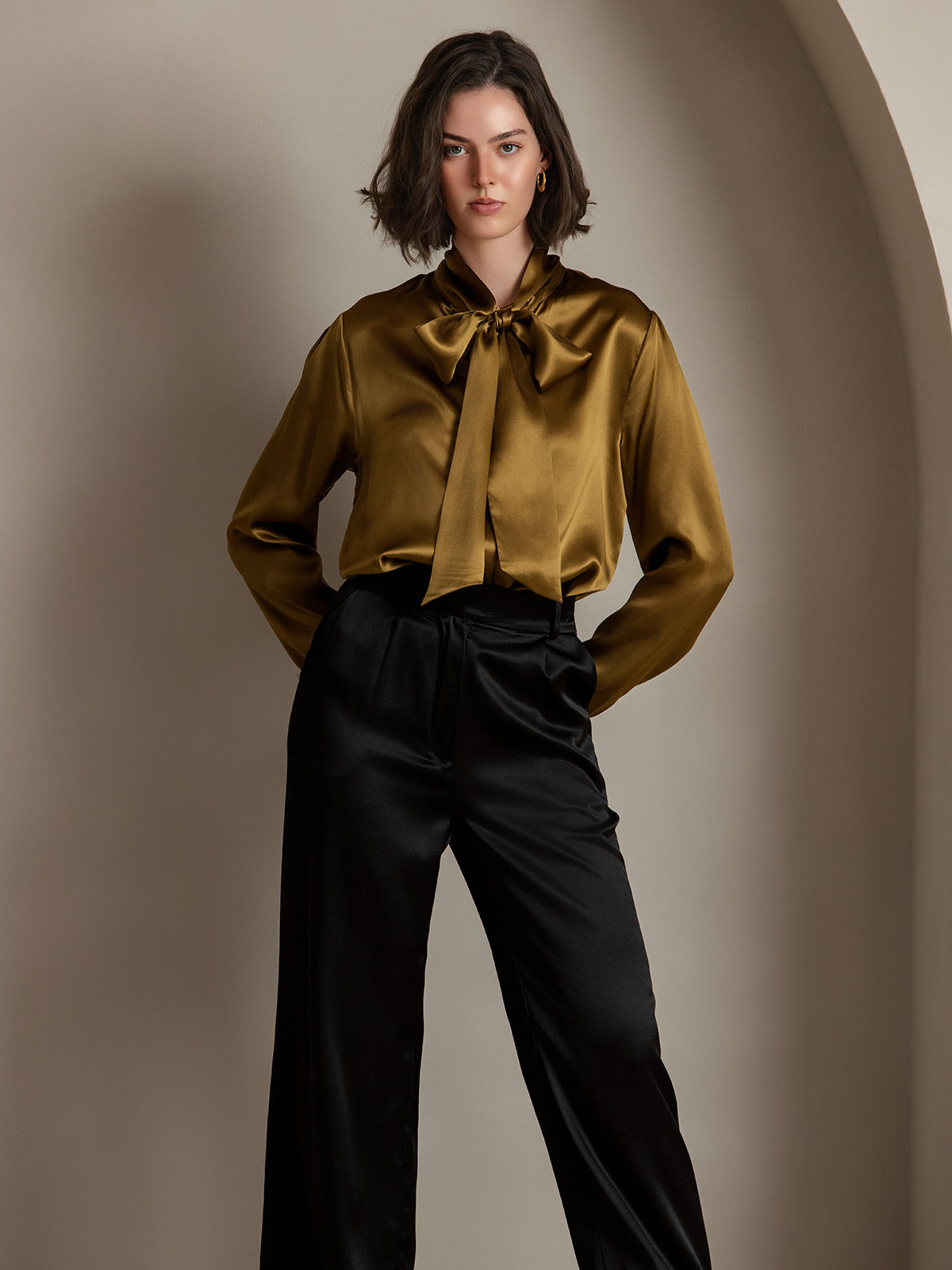 [Brown] SilkSilky-AU 19Momme Silk Long Sleeve Tie Neck Women's Shirt 003