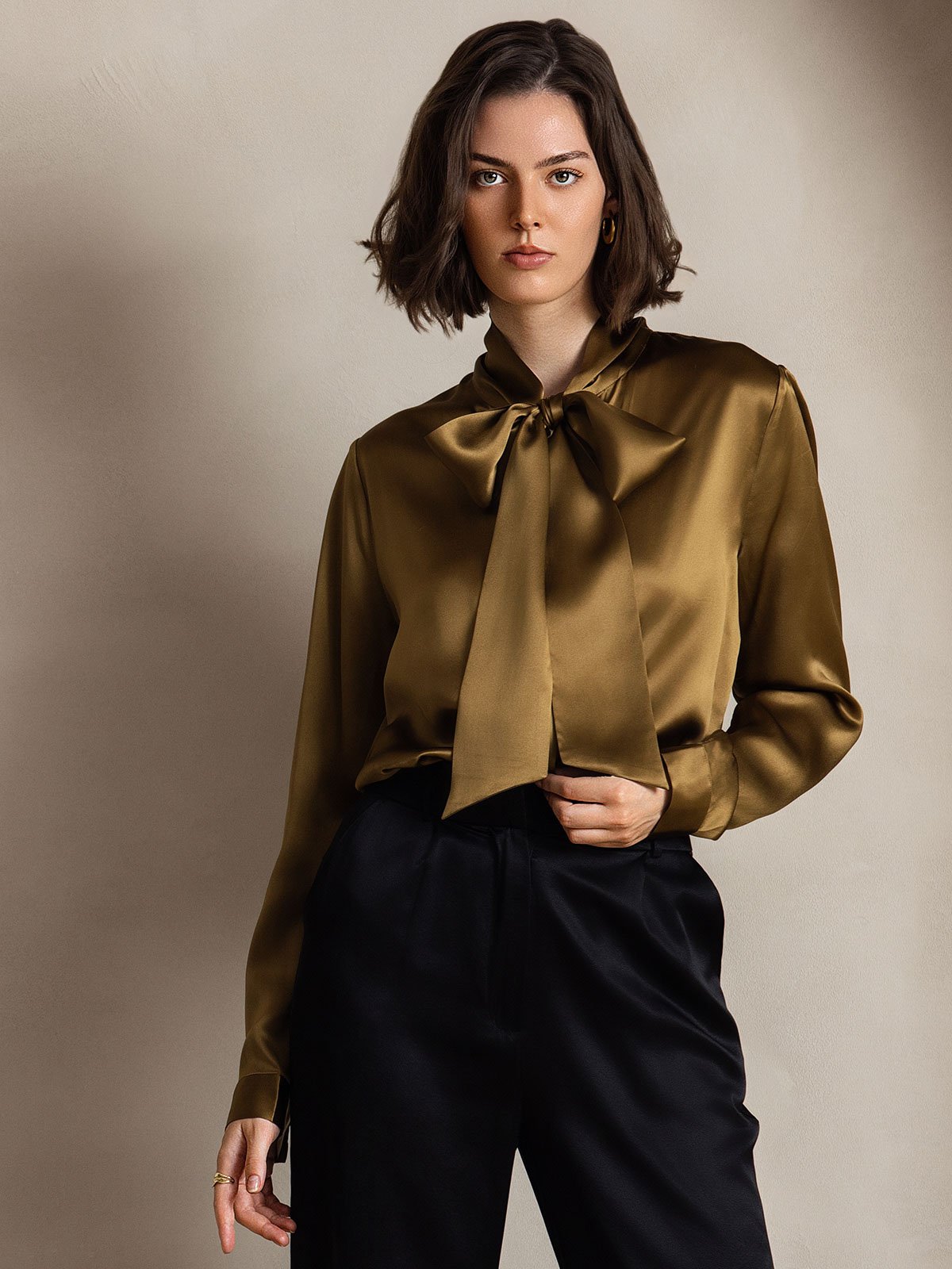[Brown] SilkSilky-AU 19Momme Silk Long Sleeve Tie Neck Women's Shirt 004