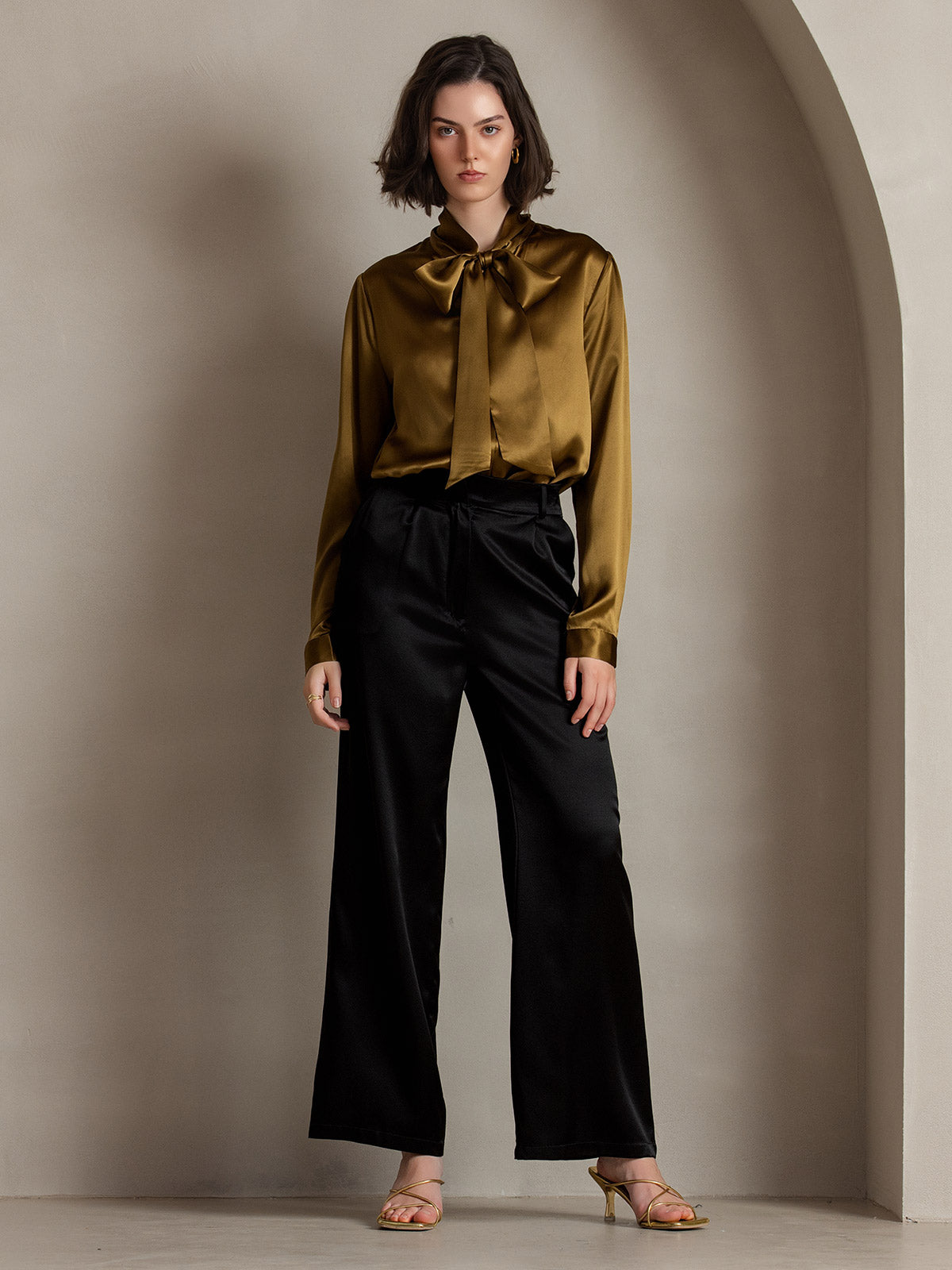 [Brown] SilkSilky-AU 19Momme Silk Long Sleeve Tie Neck Women's Shirt 004