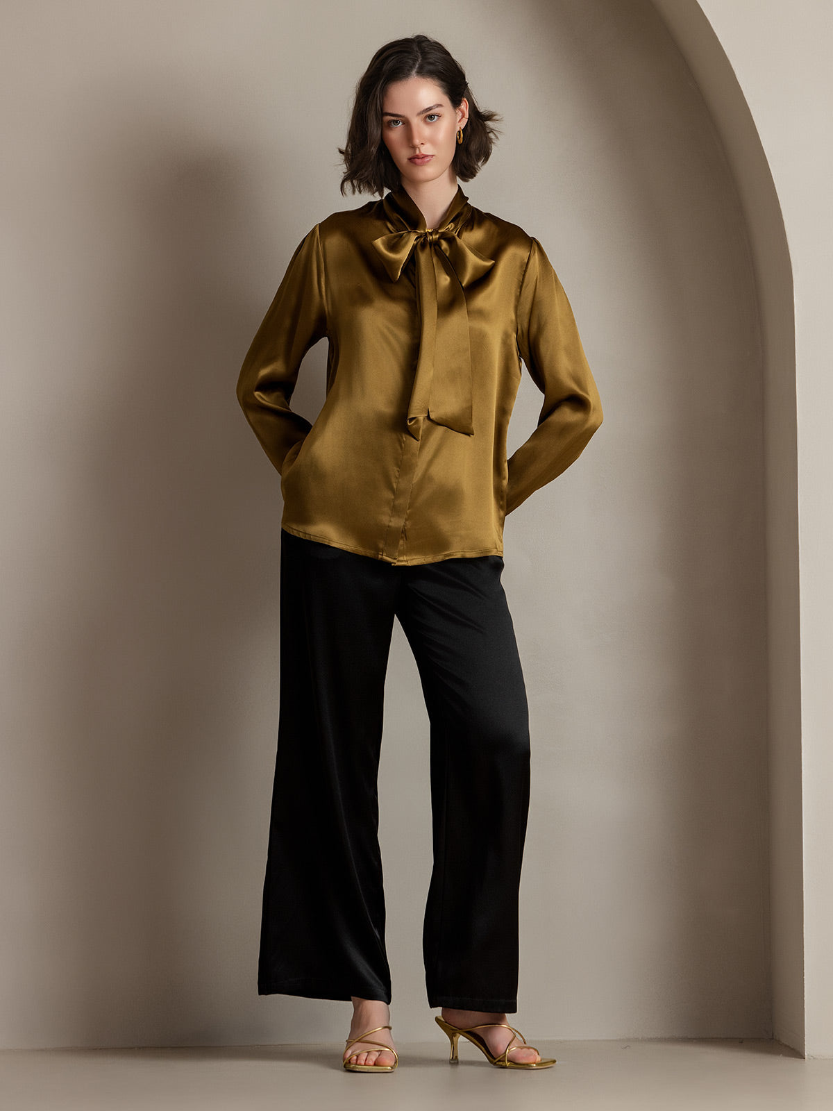 [Brown] SilkSilky-AU 19Momme Silk Long Sleeve Tie Neck Women's Shirt 005