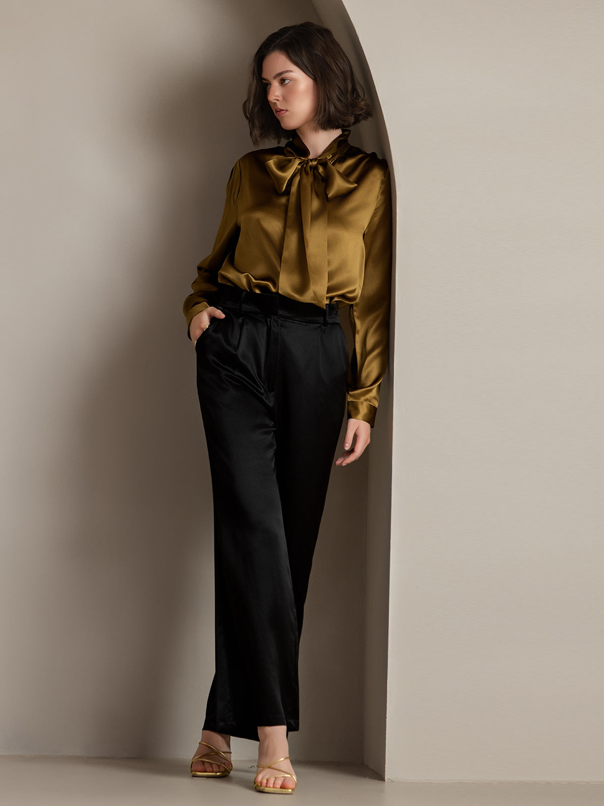 [Brown] SilkSilky-AU 19Momme Silk Long Sleeve Tie Neck Women's Shirt 006