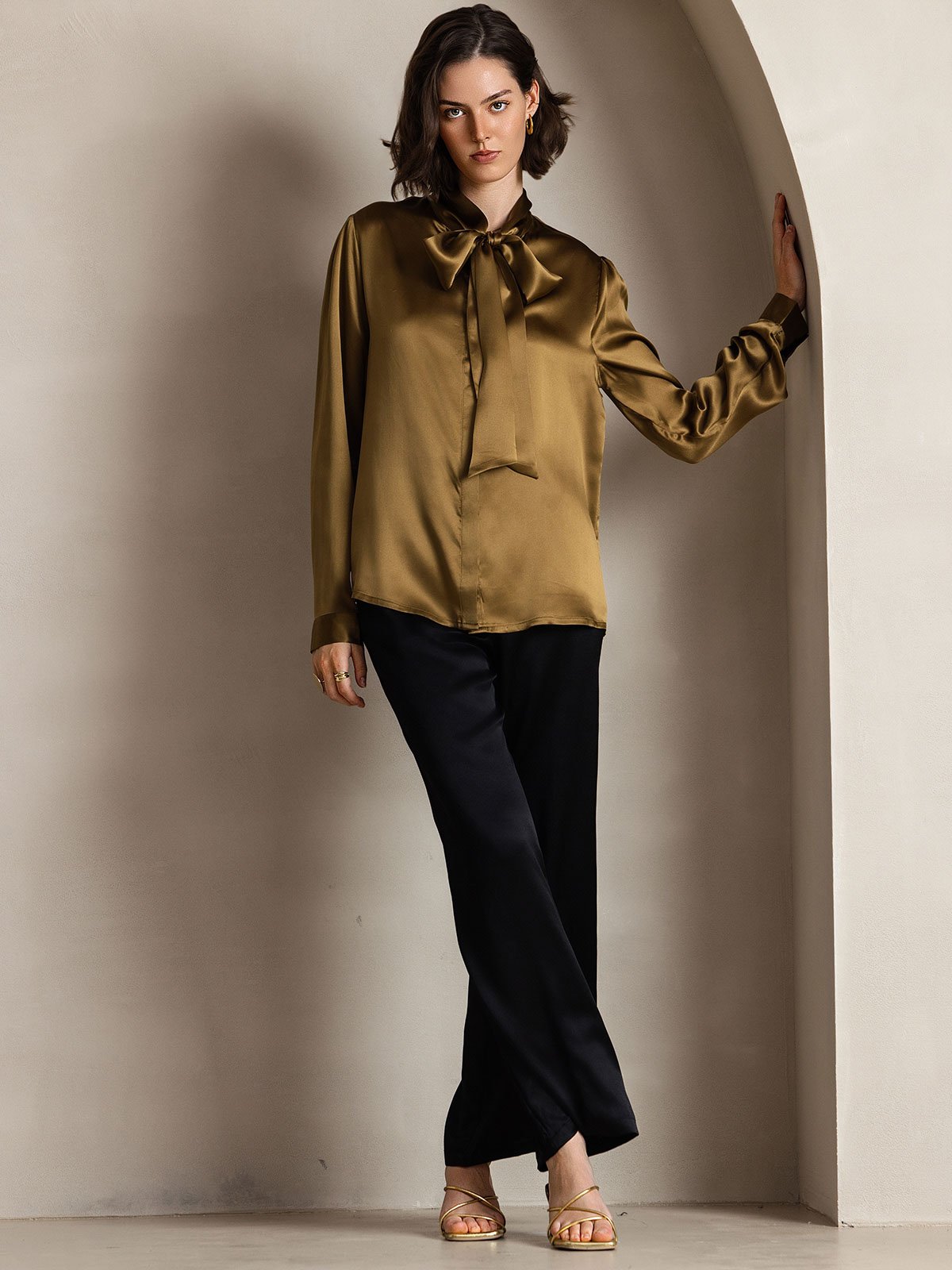 [Brown] SilkSilky-AU 19Momme Silk Long Sleeve Tie Neck Women's Shirt 006