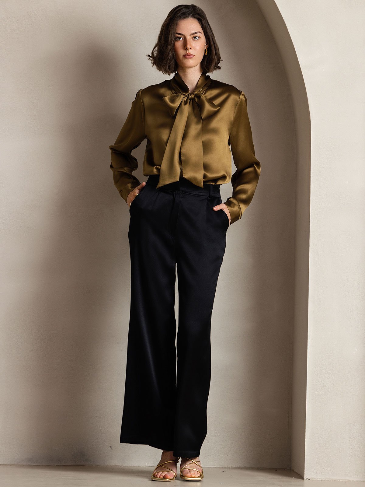[Brown] SilkSilky-AU 19Momme Silk Long Sleeve Tie Neck Women's Shirt 007