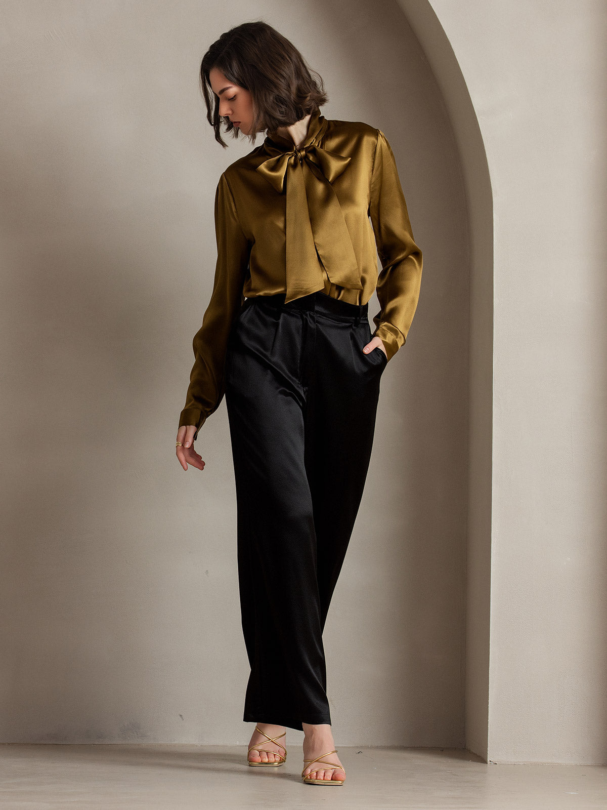 [Brown] SilkSilky-AU 19Momme Silk Long Sleeve Tie Neck Women's Shirt 007