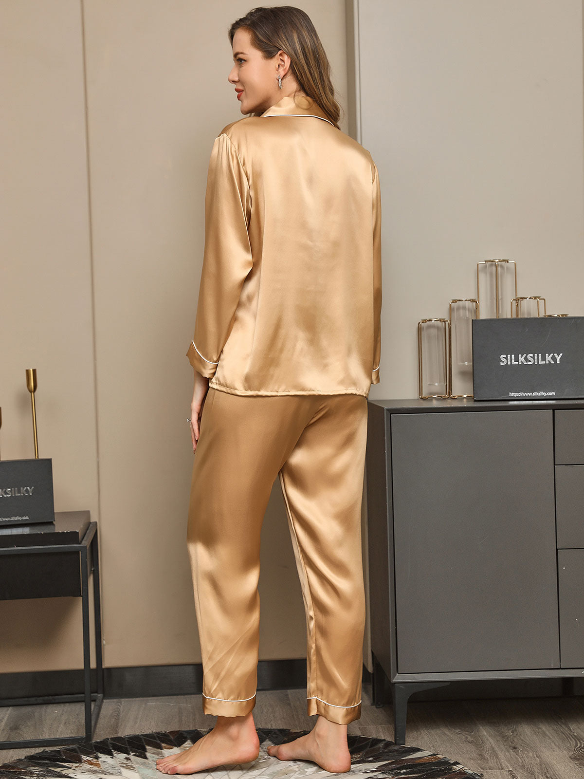 [Brown] SilkSilky-AU Long Sleeve Lapel Women's Pyjamas 002