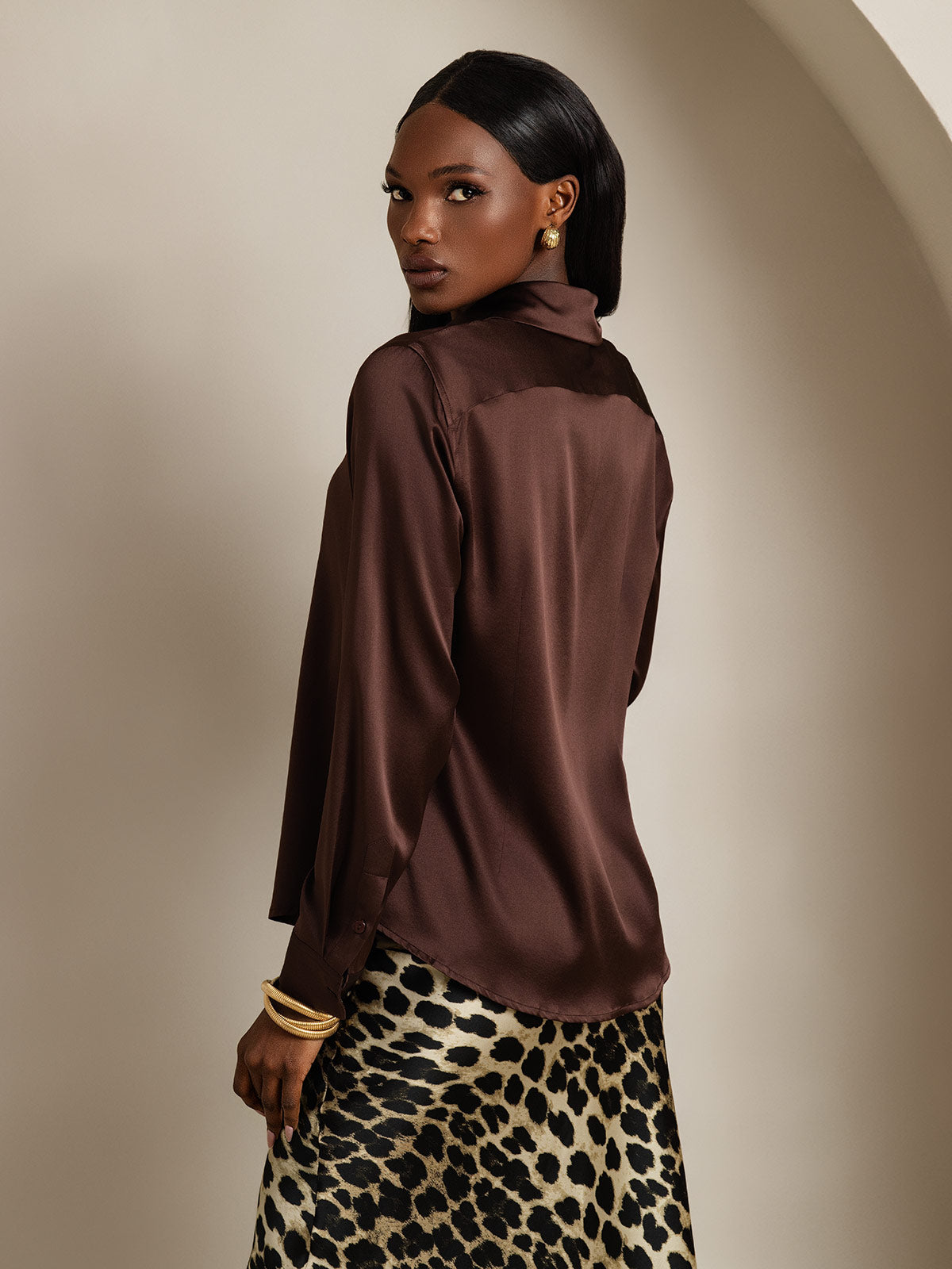 [Brown] SilkSilky-AU Silk Long Sleeve Collar Women's Shirt 002