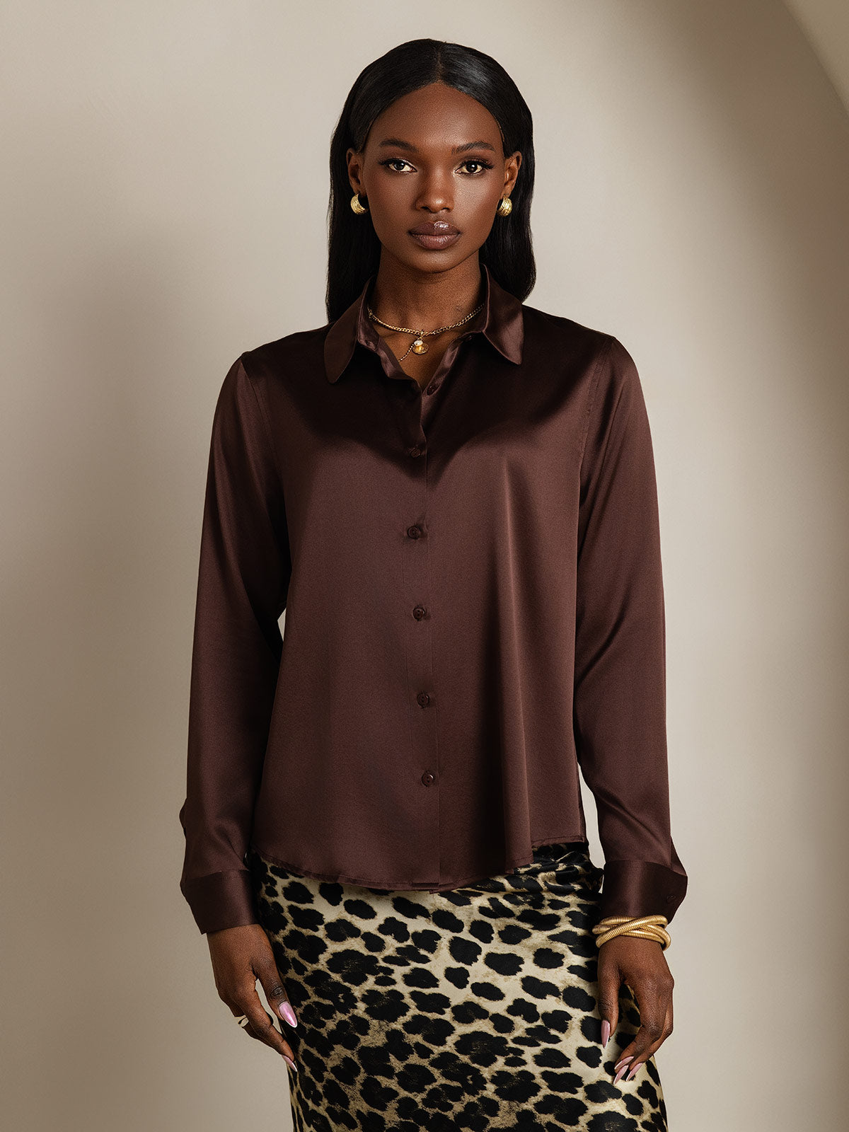 [Brown] SilkSilky-AU Silk Long Sleeve Collar Women's Shirt 003