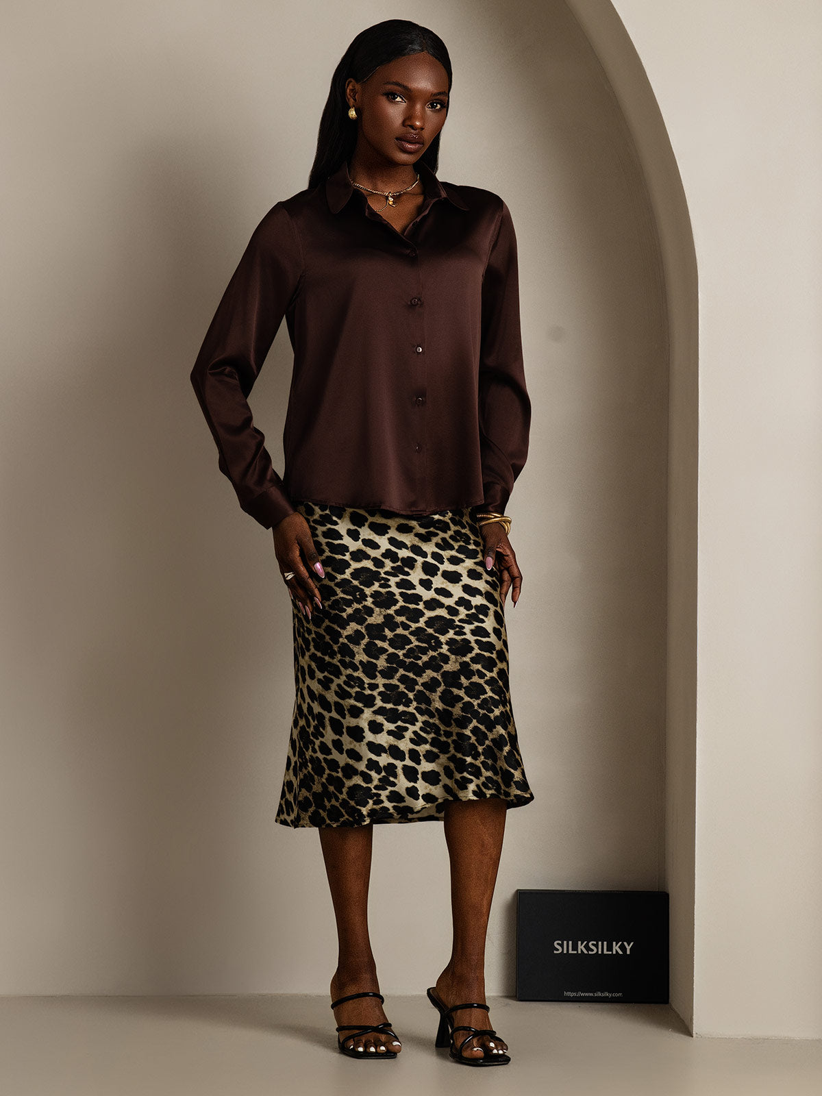 [Brown] SilkSilky-AU Silk Long Sleeve Collar Women's Shirt 005