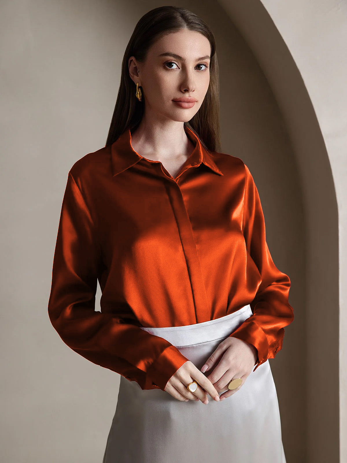 [Caramel] SilkSilky-AU 19Momme Silk Lapel Collar Women's Shirt 001
