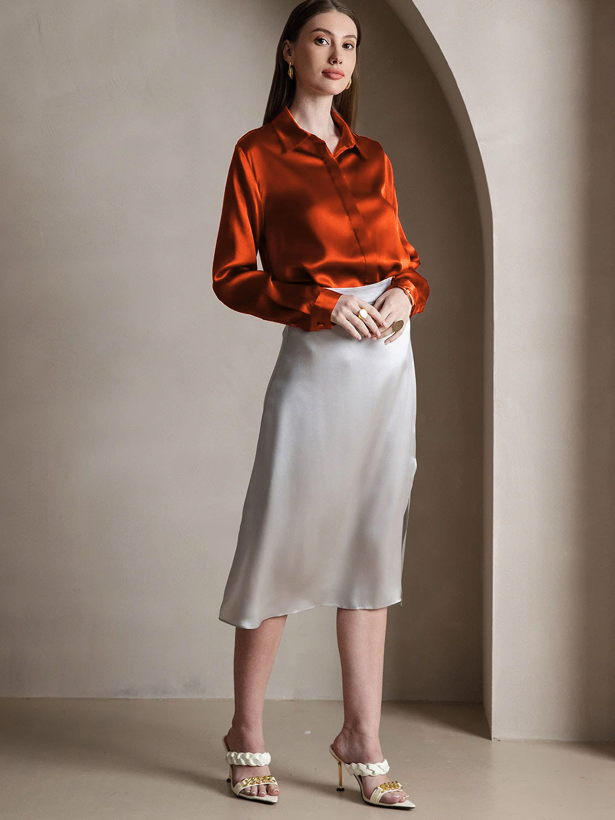 [Caramel] SilkSilky-AU 19Momme Silk Lapel Collar Women's Shirt 002