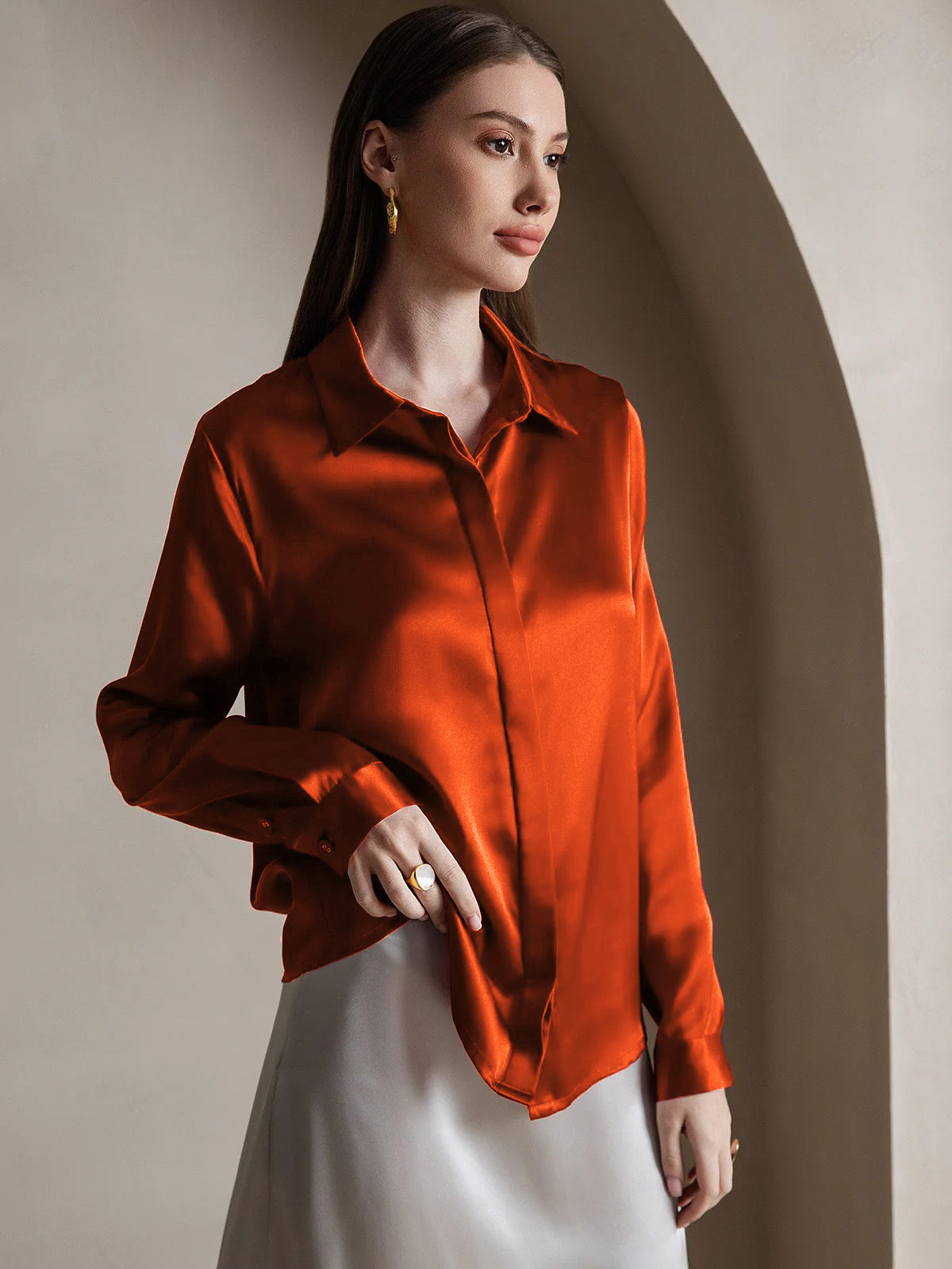 [Caramel] SilkSilky-AU 19Momme Silk Lapel Collar Women's Shirt 004