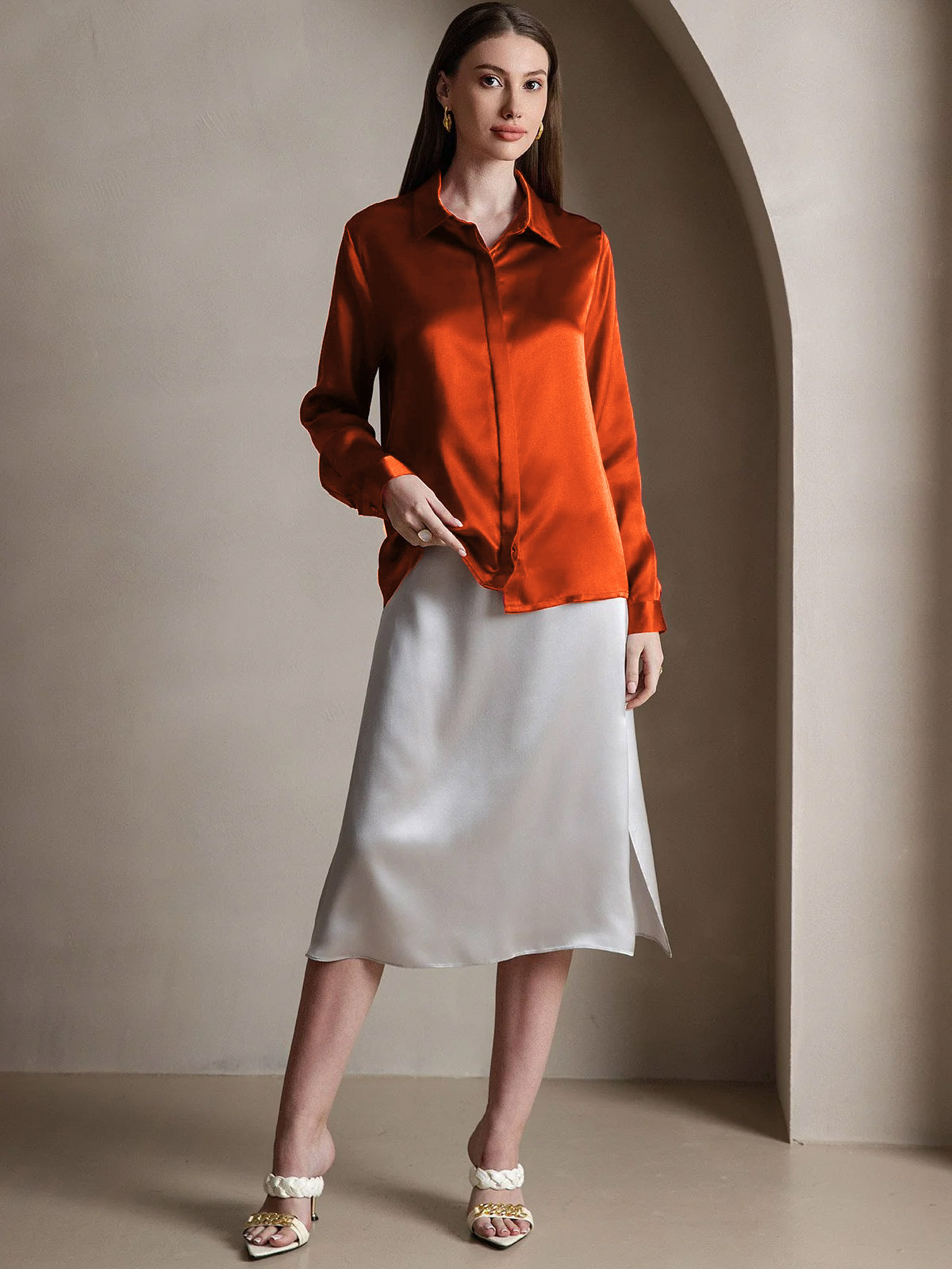 [Caramel] SilkSilky-AU 19Momme Silk Lapel Collar Women's Shirt 005