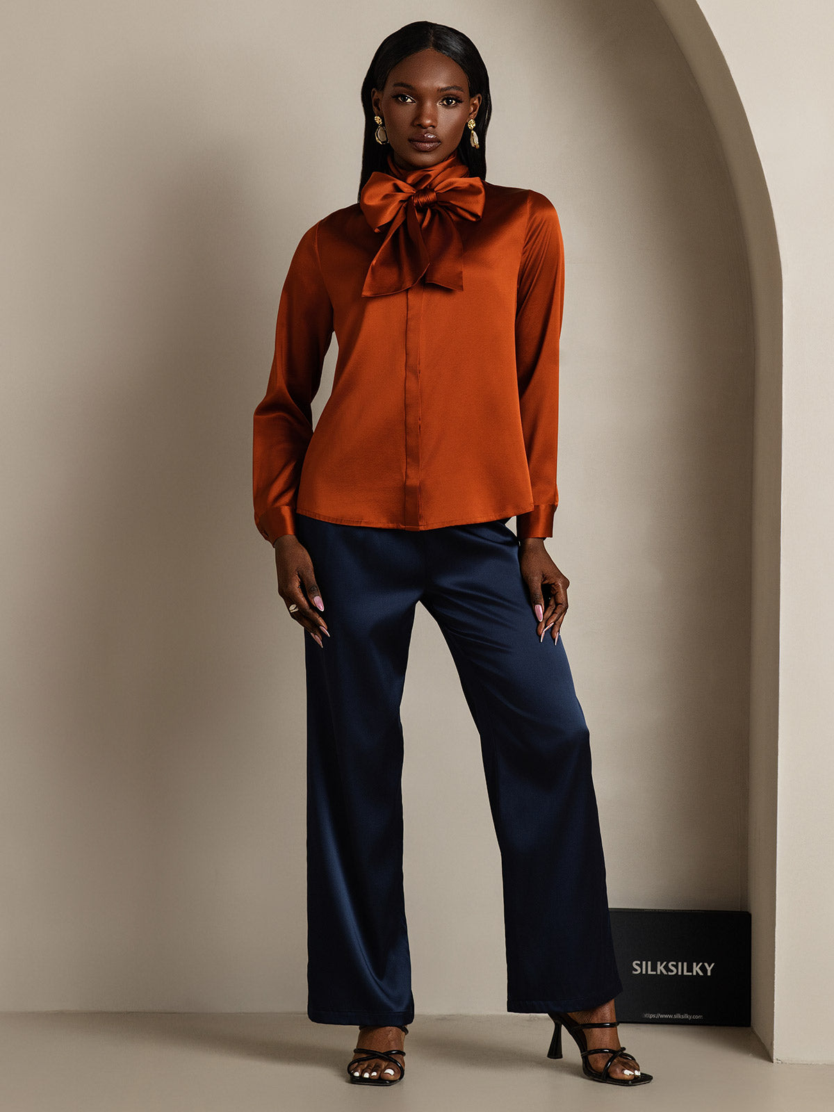 [Caramel] SilkSilky-AU 19Momme Silk Long Sleeve Tie Neck Women's Shirt 007