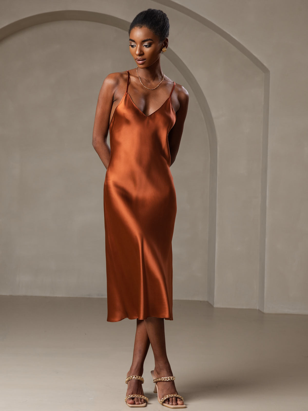 [Caramel] SilkSilky-AU Pure Silk Sleeveless V Neck Dress 002