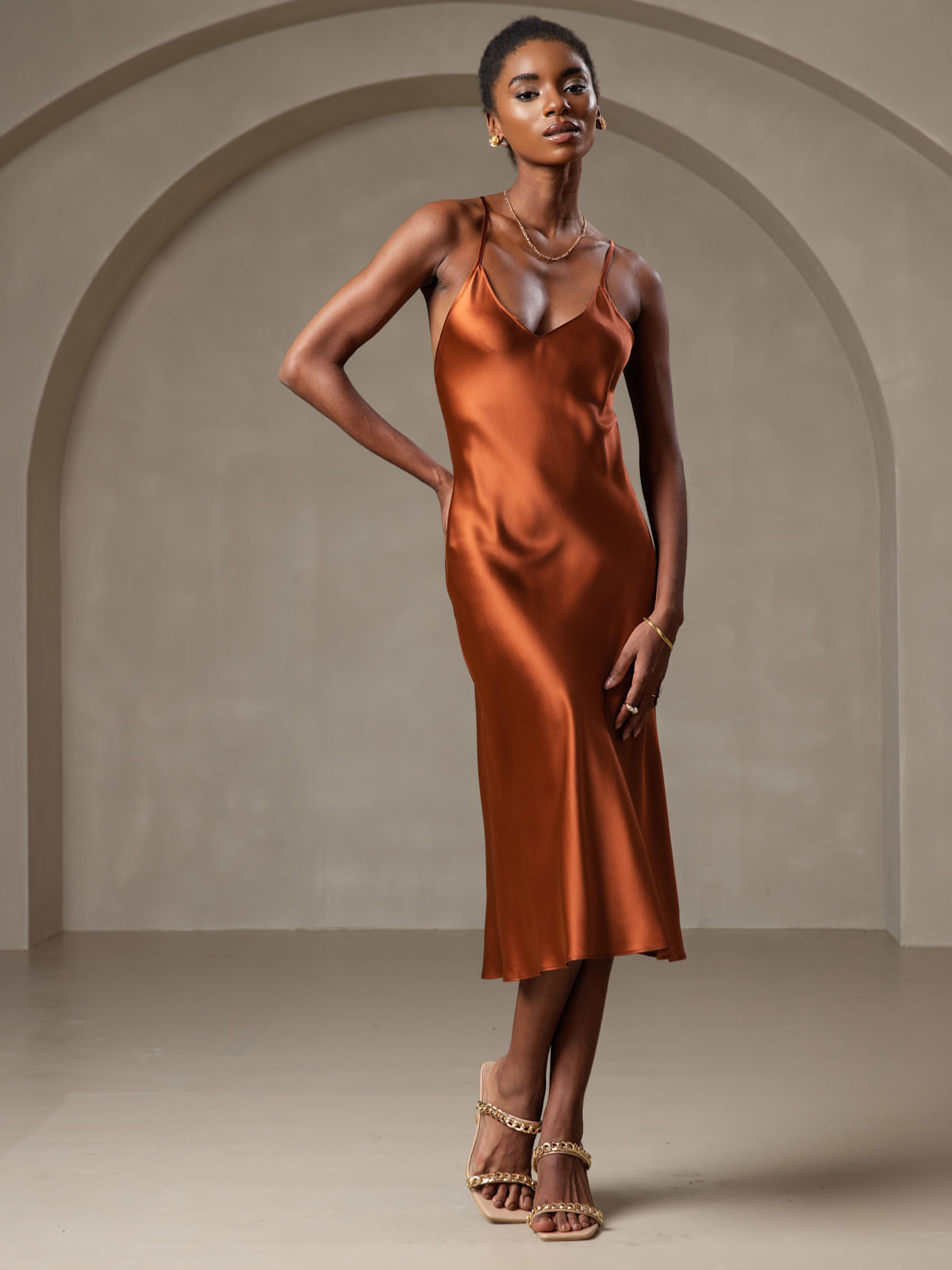 [Caramel] SilkSilky-AU Pure Silk Sleeveless V Neck Dress 003